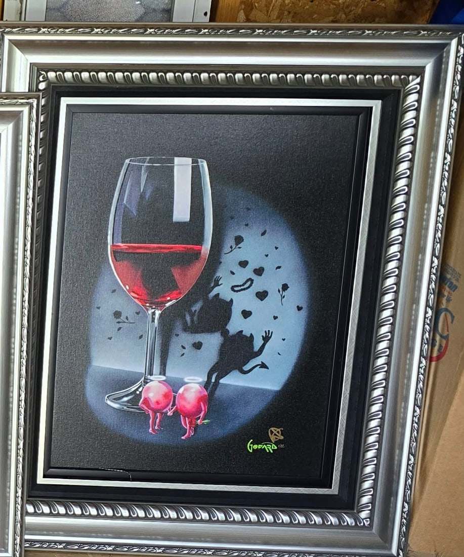 Michael Godard She Devil Red Wine: Michael Goddard "She Devil Red Wine", 2020, 23 1/2" x 17 1/2" Image size. Giclee in color with hand-embellishment on canvas. Hand signed in ink lower right by the artist. Gallery Framed. COA