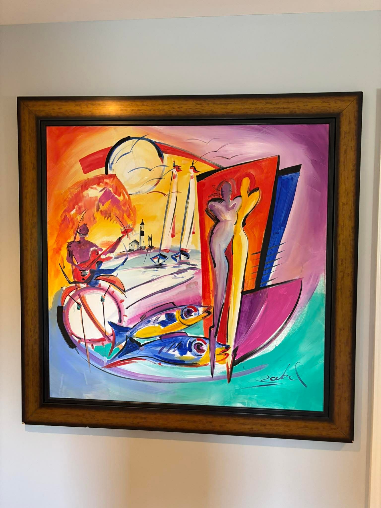 Alfred Gockel Drumming at Dawn: Alfred Gockel "Drumming At Dawn" 42 " x 42" Image size. Acrylic painting on canvas. Signed in pigment lower right A Unique work. Gallery Framed. Appraisal. GU $ 12,500