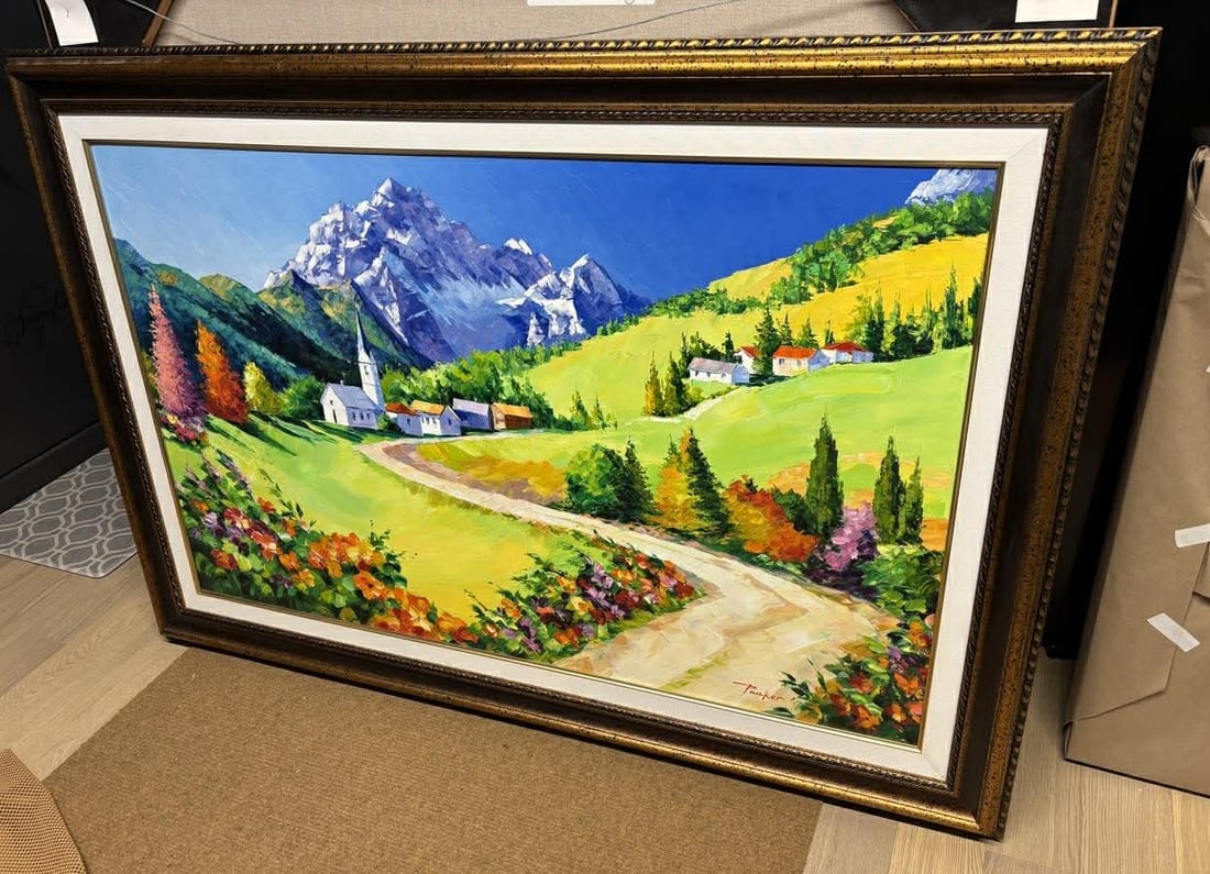 Alex Pauker Village Path: Alex Pauker "Village Path" 31 1/2" x 51 1/2" Image size. Acrylic painting on canvas. Signed in pigment lower right. A unique work from the collection of the artist. Gallery Framed. Appraisal. GU