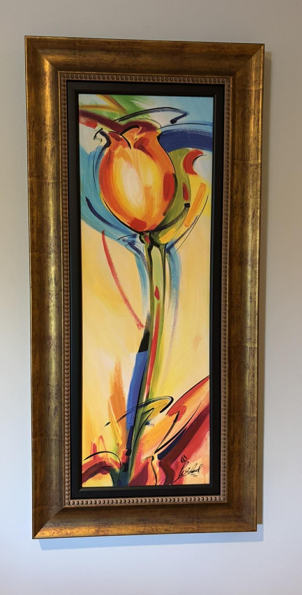 Alfred Gockel Tulip of Color: Alfred Gockel "Tulip of Color" 2006 32" x 11" image size. Giclee in color on canvas with hand embellishment. Signed in inklower right. Gallery Framed. Appraisal. GU