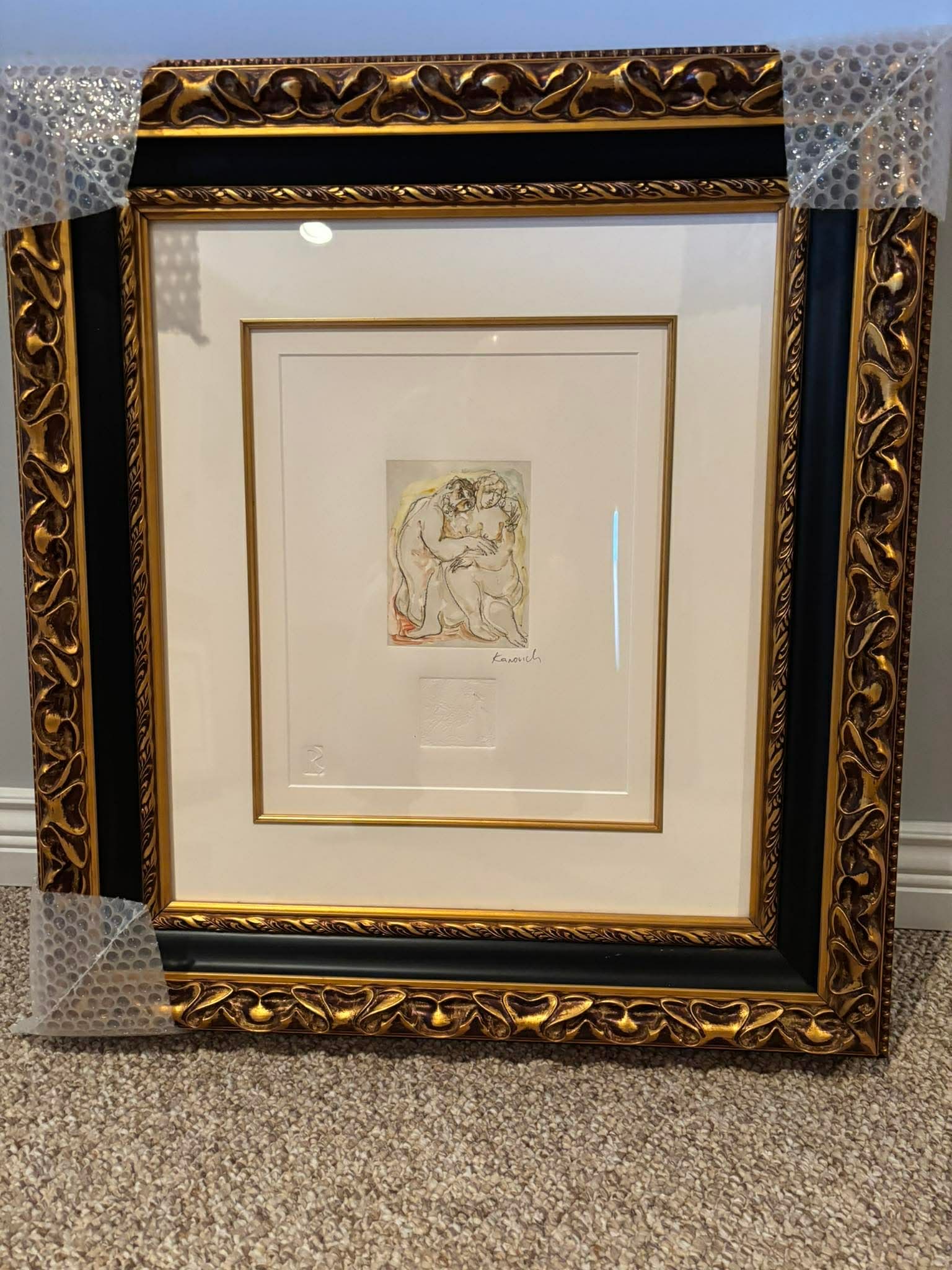 Mark Kanovich Two: Mark Kanovich "Two" 5 3/8" x 4 1/8" image size. Etching with hand coloring. Hand signed in pencil by the artist. A unique proof. Gallery Framed. Appraisal. GU