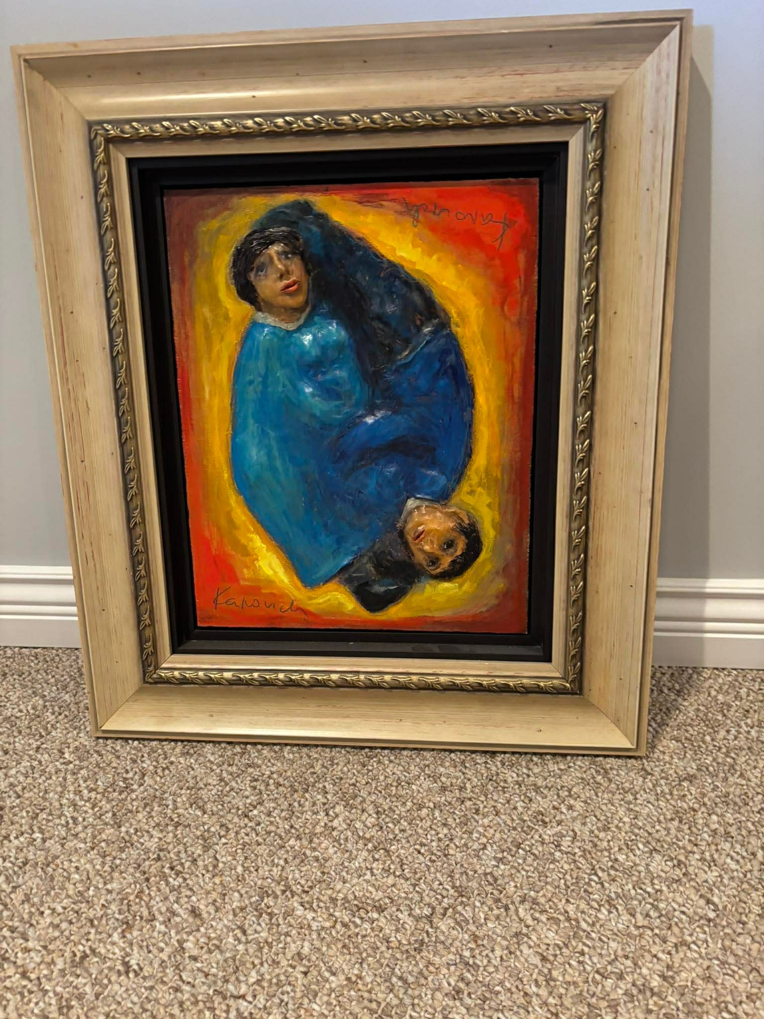 Mark Kanovich Everything for his Glory: Mark Kanovich "Everything for his Glory" 15 11/16" x 12 1/2" image size. Terra Cotta with acrylic painting on wood panel. Signed 2 times in pigment lower left. A unique work. From collection of the ar