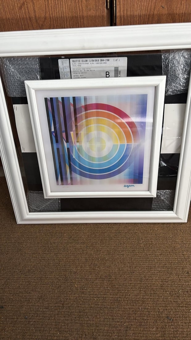 Yaacov Agam Rainbow Message Blessing: Agam Yaacov "Rainbow Message Blessings" 12 3/8" x 13 1/4" image size. Small polmorph signed in ink. Gallery Framed. Appraisal. GU