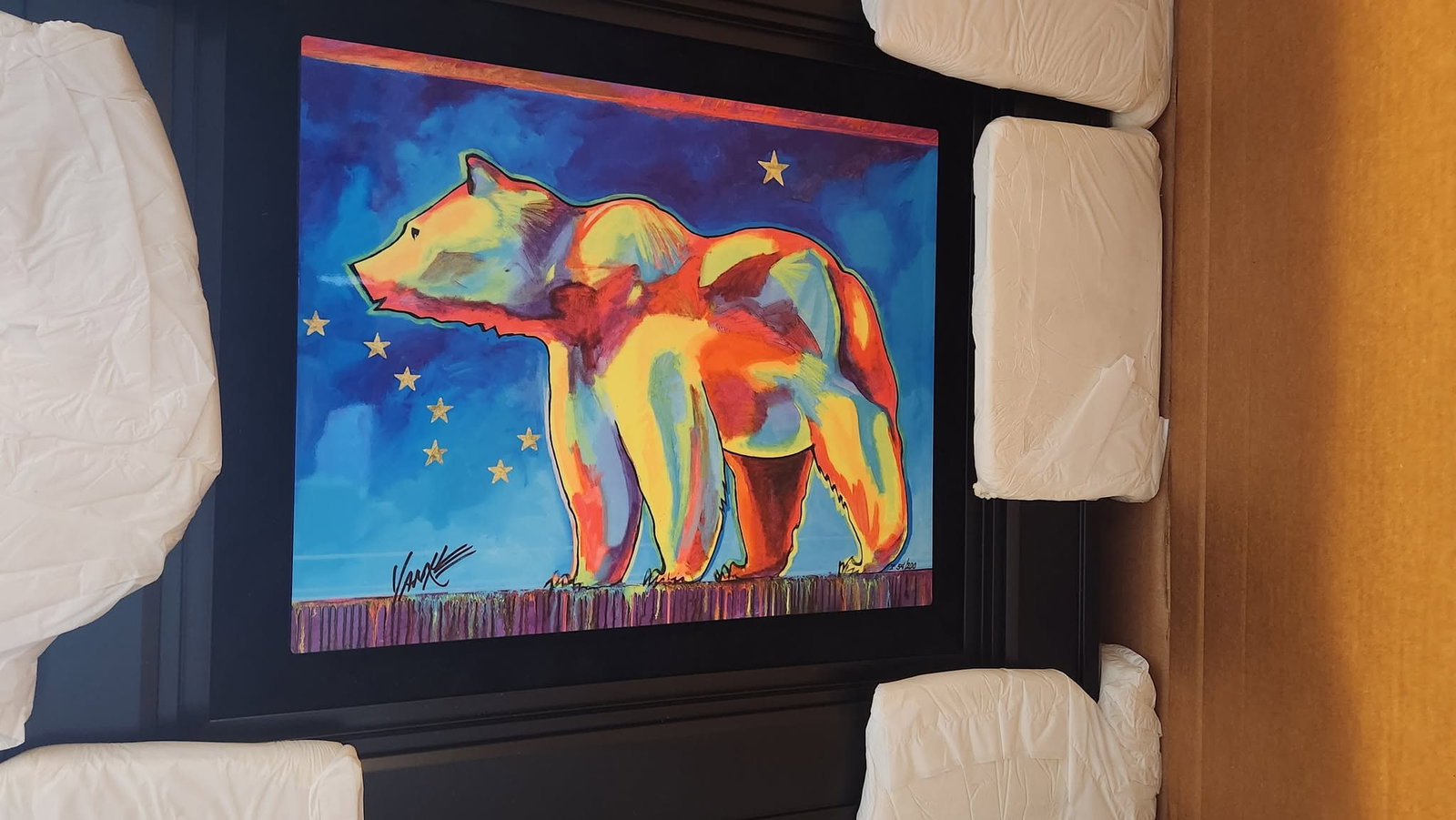 Tim Yanke Alaskan Bear Healper: Tim Yanke "Alaskan Bear Helper" 12" x 15" image size. Caldograph (digital multiple through dye-sublimation on wood) hand signed by artist. Gallery Framed. COA. Appraisal. KN