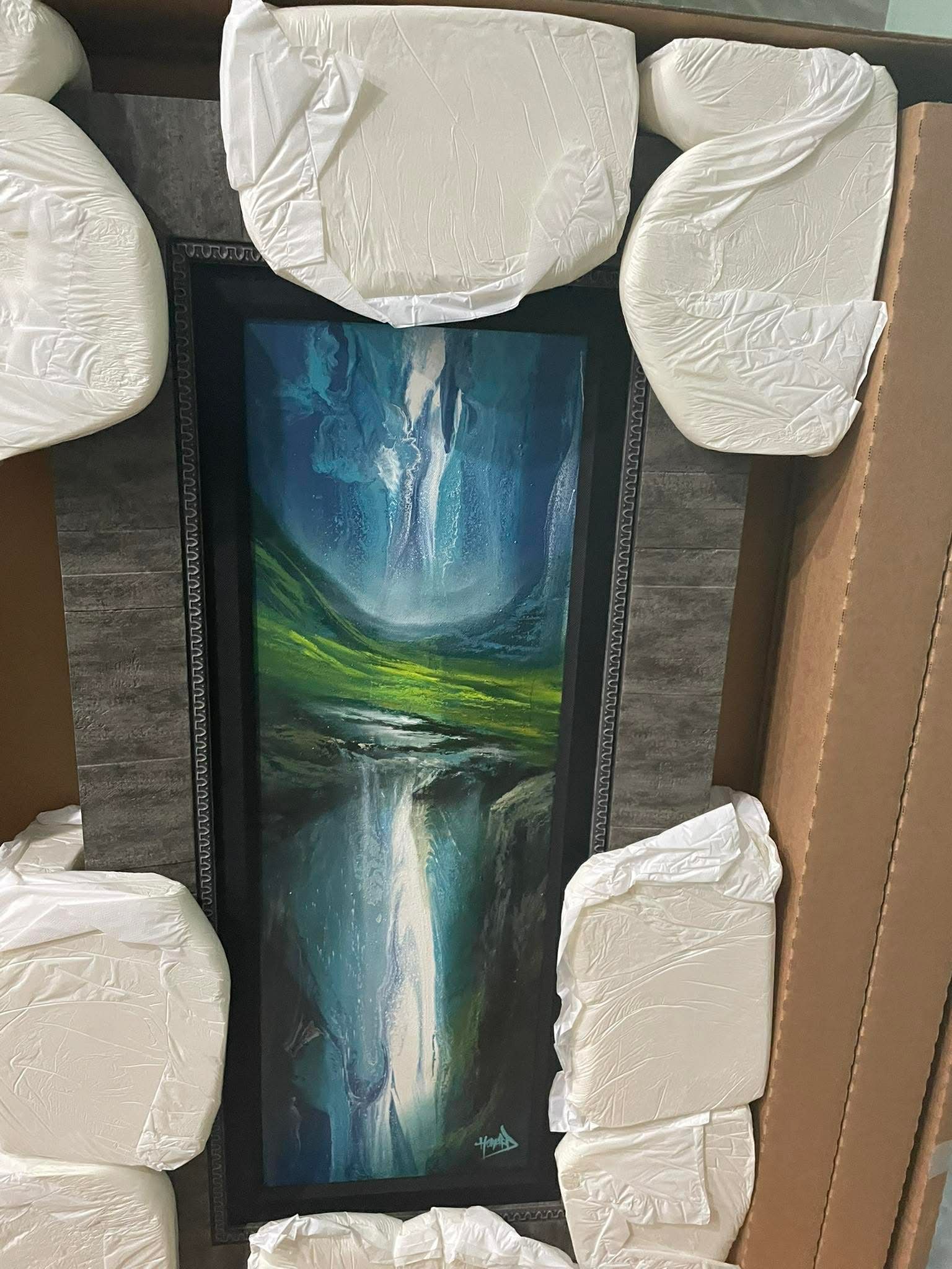 Ashton Howard Ancient Falls: Ashtone Howard "Ancient Falls" 2024 30" x 10" acrylic painting on canvas. Hand-signed in pigment by the artist lower right. Titled signed and dated on the verso a unique work. Gallery framed, COA, App