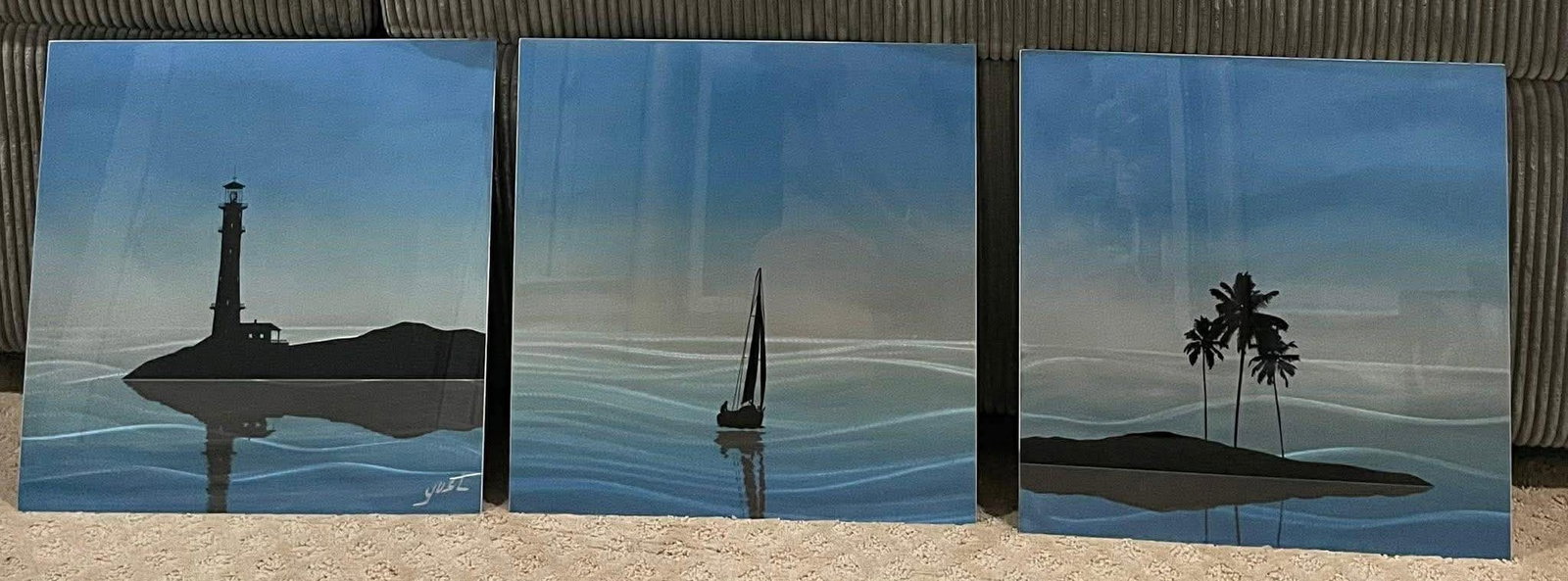 Nicholas Yust Evening Drift Triptych: Nicholas Yust "Evening Drift Triptych". 16" x 48" image size. A landscape set consisting of three paintings in aluminum. Signed, titled and dated on verso by the artist. Gallery framed. COA.