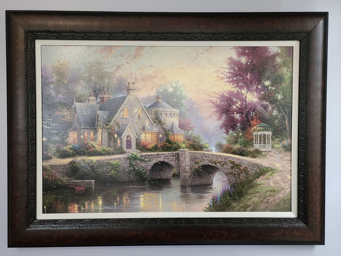 Thomas Kinkade Lamplight Manor: Thomas Kinkade "Lamplight Manor" 24" x 36" image size. Giclee in color with acrylic embellishment on canvas. Signed with artist's authorized signature applied through artist's estate using autopen