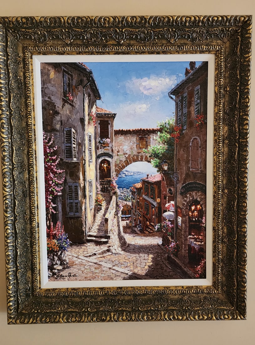 Sam Park Walkway to Capri: Sam Park "Walkway to Capri" 21" x 28" image size Giclee in color with hand embellishment on canvas. Hand-signed in ink by the artist. Gallery framed, COA, Appraisal. HS