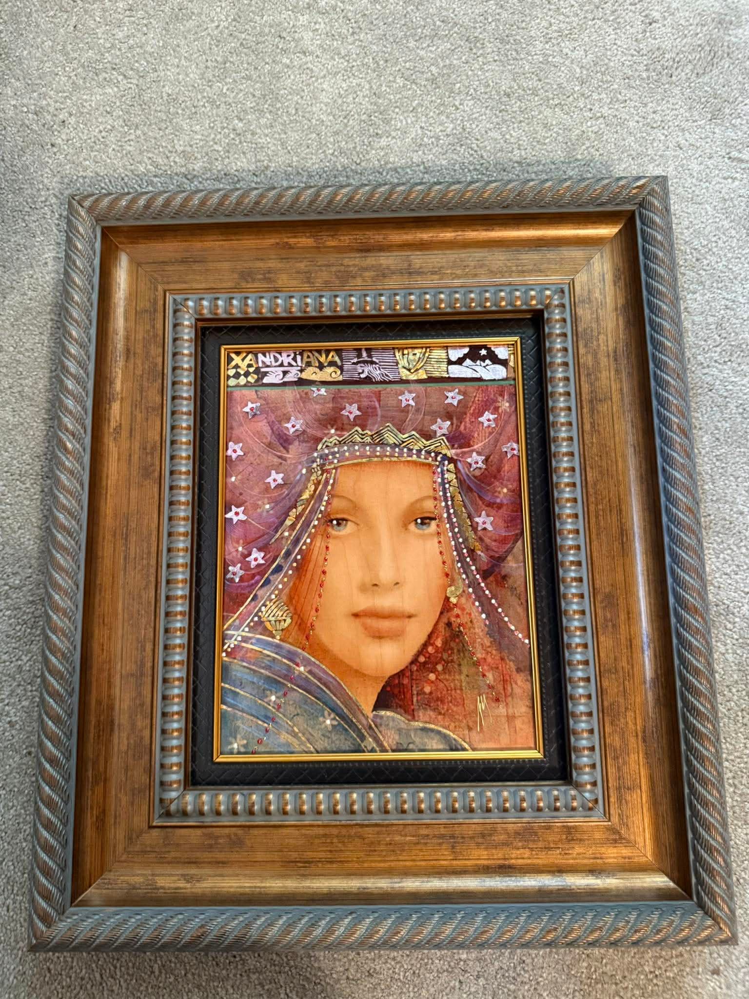 Csaba Markus Xandriana: Csaba Marcus "Xandriana" 12" x 9" image size. Caldograph (digital multiple through dye-sublimation on wood) with hand embellishment using a vaariety of gold leafs and acrylic paints. Hand signed in
