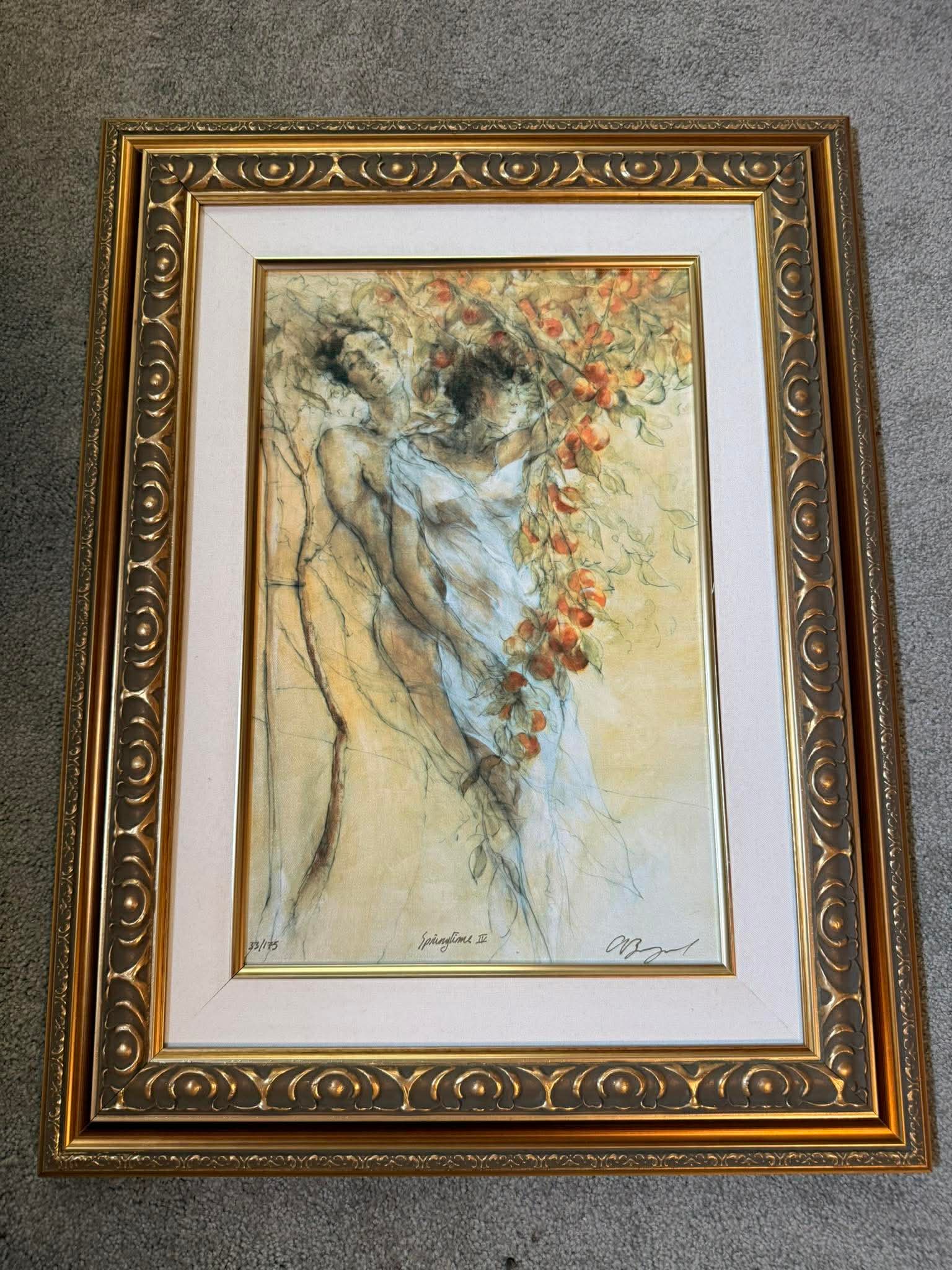 Gary Benfield Springtime IV: Gary Benfield "Springtime IV" 17 1/2" x 11 1/2" image size. Seriolithograph in color on canvas with hand embellishment. Signed, Titled and numbered in gold ink. Gallery framed. COA. Appraisal. MS