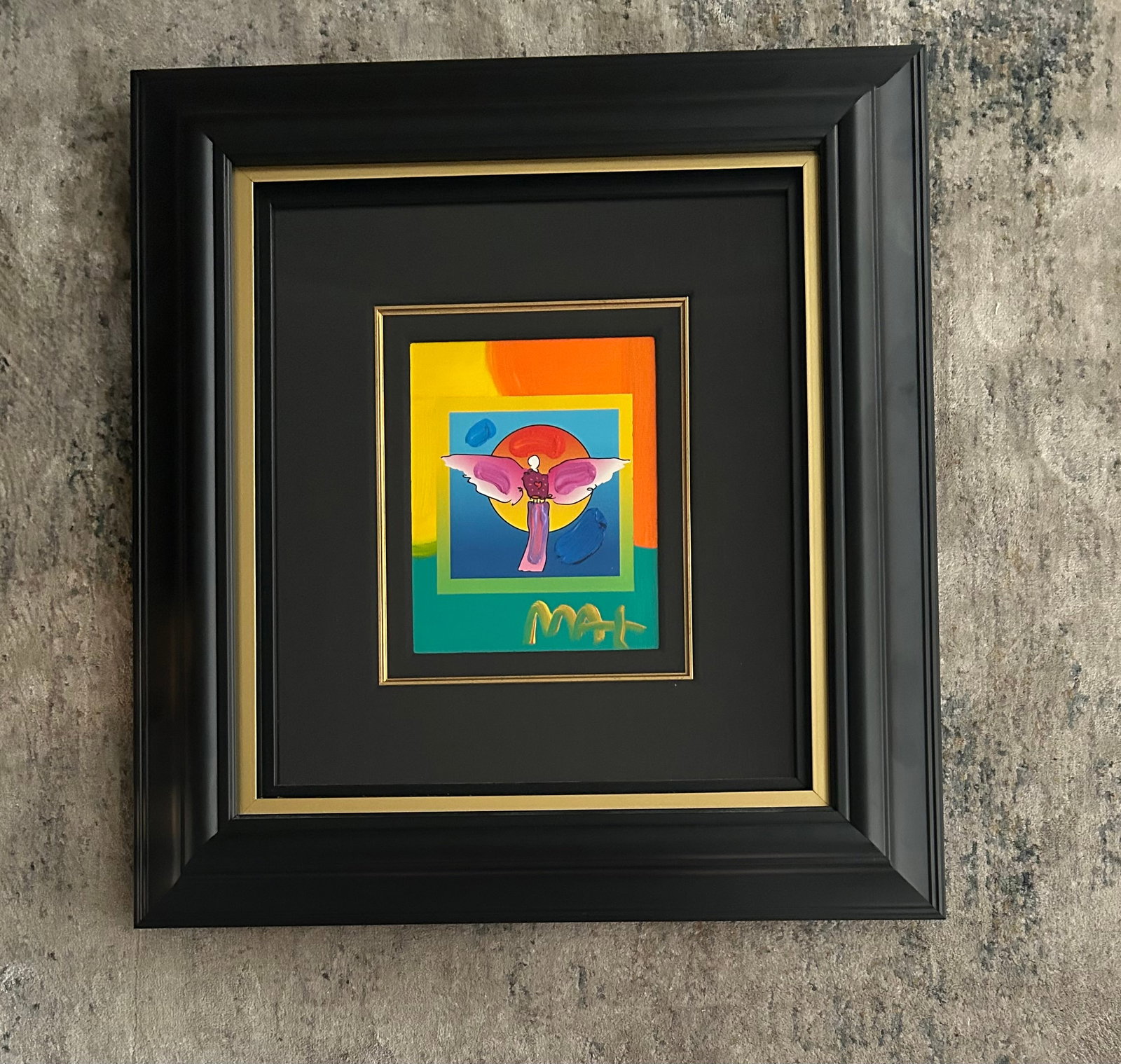 Peter Max Angel with Sun on blends: Peter Max "Angel with Sun on Blends" 10" x 8" mixed media with acrylic painting and color lithography on paper. Signed in acrylic. A unique work. Gallery framed. COA. Appraisal. PM