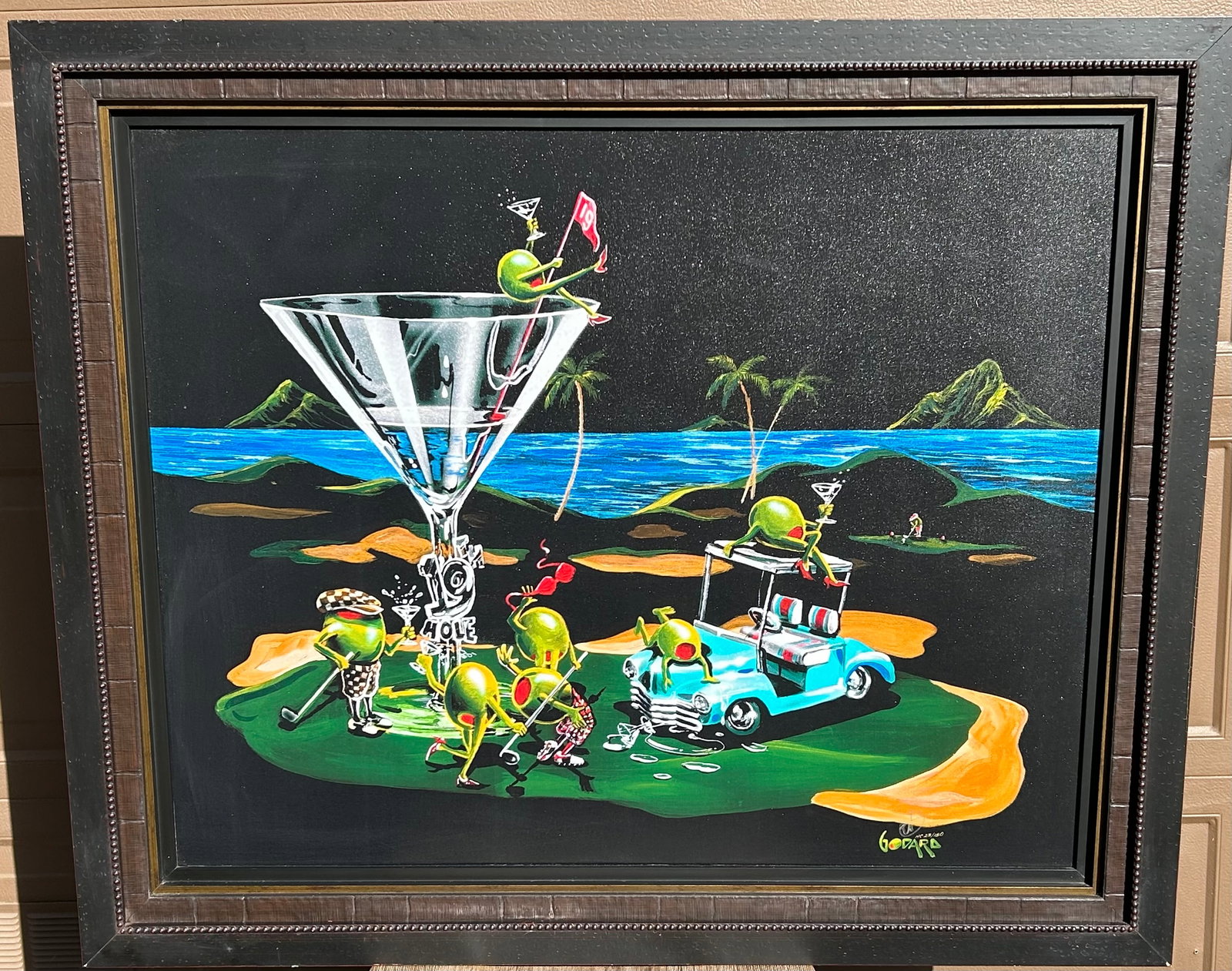 Michael Godard 19th Hole Water Bound: Michael Godard "19th Hole Water Bound" 30 7/8" x 38" image size. Giclee in color with hand embellishment on canvas. Hand signed in pigment by the artist. Gallery Framed. COA. Appraisal. PM