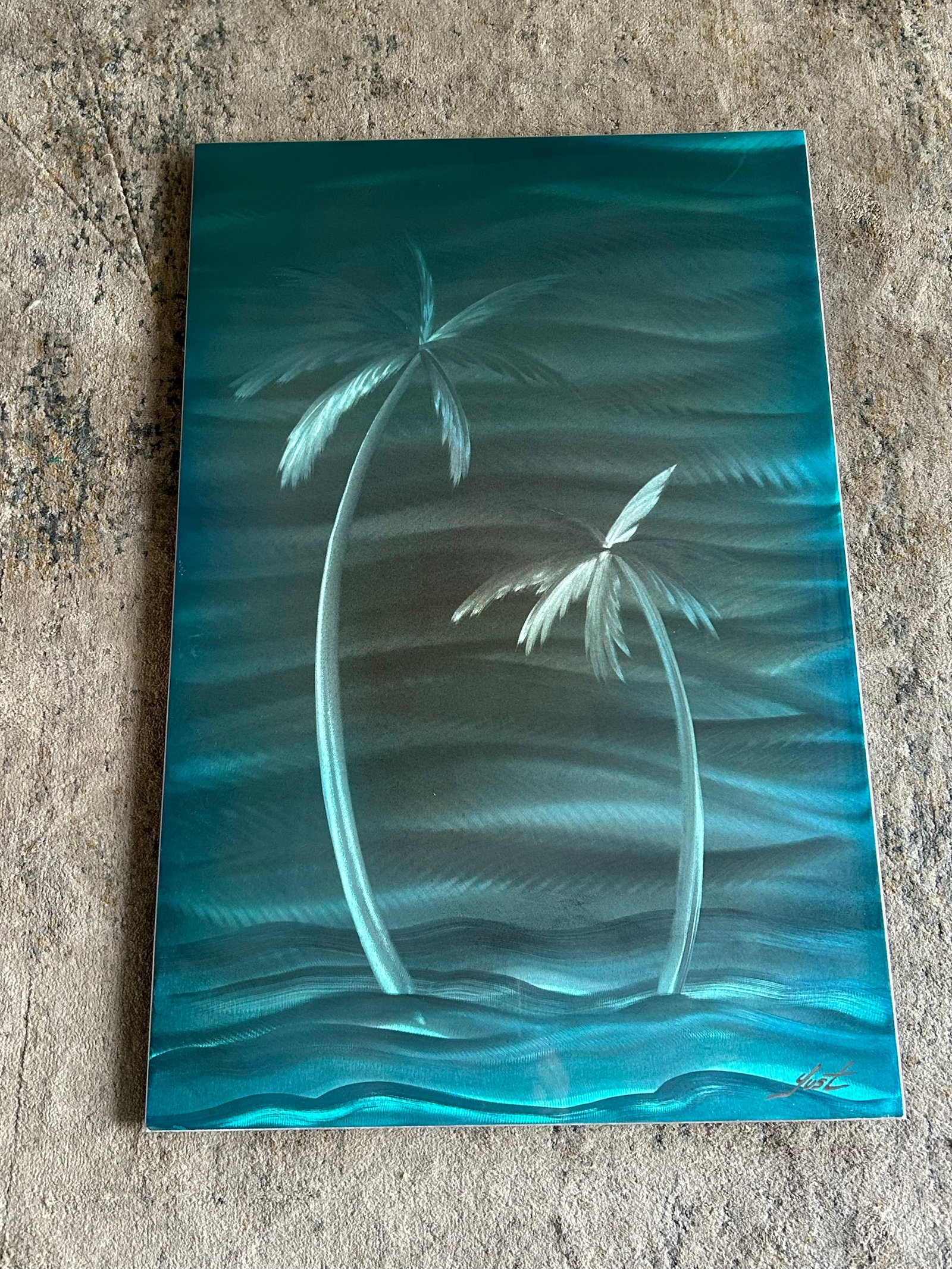 Nicholas Yust Oceanside: Nicholas Yust "Oceanside" 24" x 16" image size. Painting in aluminum hand signed in pigment by the artist lower right. Signed, titled and dated on the verso. A unique work. COA. Appraisal. PM