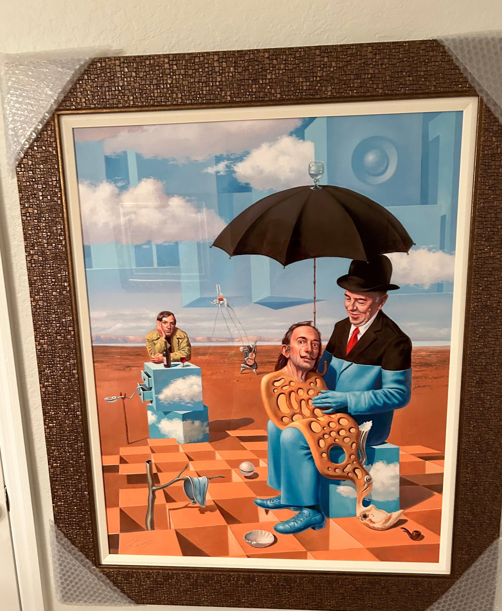 Michael Cheval Lullaby of Uncle Magritte: Michael Cheval "Lullaby of Uncle Magritte" 33" x 26 5/8" image size. Dye sublimation on aluminum hand signed in ink by artist. Gallery framed. COA. Appraisal.