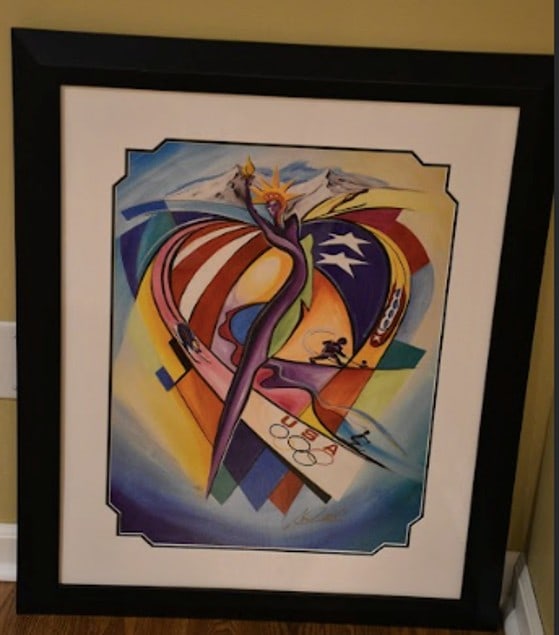 Alfred Gockel USOC Olympic Celebration Poster: Alfred Gockel "USOC Olympic Celebration Foster" 2005 24" x 18" image size offset lithograph in color on paper. Signe din ink lower right. Gallery framed, COA, Appraisal. JS