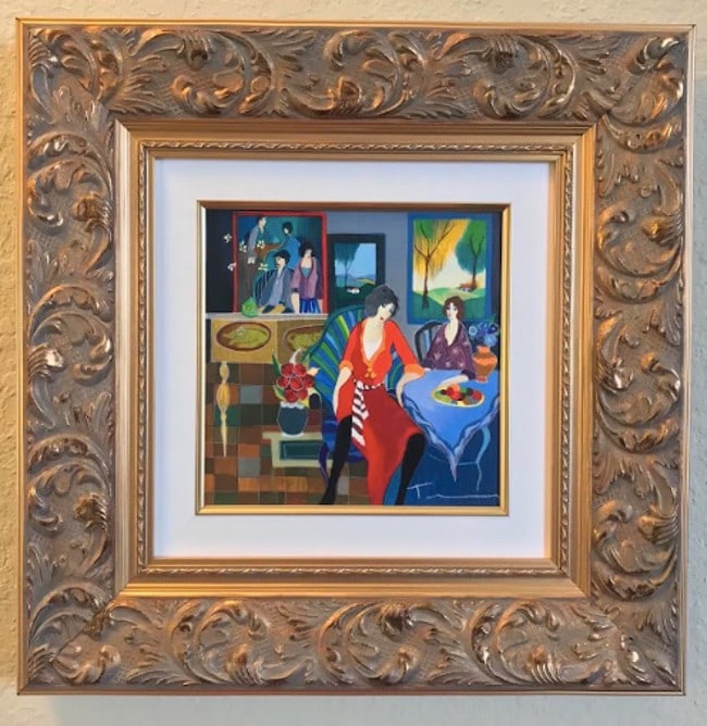 Itzchak Tarkay Good Conversations: Itzchak Tarkay "Good Conversation" 2005 10 1/2" x 10 1/2" image size Serigraph in color on canvas. Signed in ink and numbered on the verso. Gallery framed, COA, Appraisal. JS