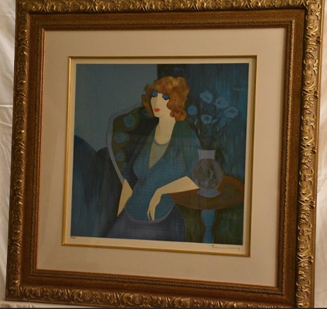 Itzchak Tarkay Sitting in Silence: Itzchak Tarkay "Sitting in Silence" 2007 17 1/2" x 17 1/2" serigraph in color on wove paper. Signed in pencil lower right. Gallery framed, coa, appraisal. JS