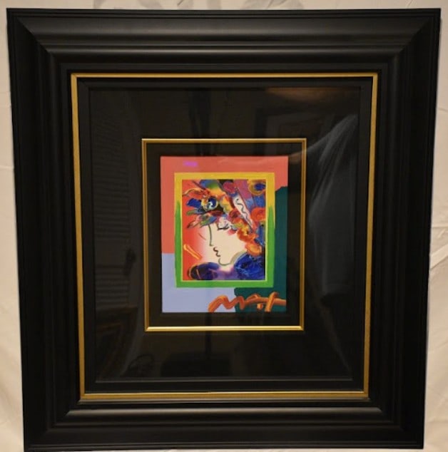 Peter Max Blushing Beauty on Blends- Iconic Suite: Peter Max "Blushing Beauty on Blends 2006 Iconic Suite" 2006 10" x 8" mixed media with acrylic painting and color lithography on paper. Signed in acrylic. A unique variation. Gallery framed, coa,