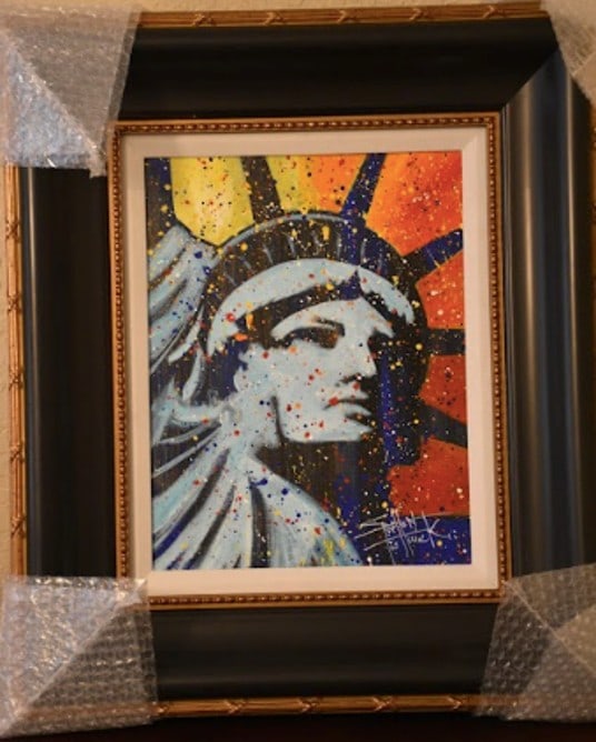 Fishwick Statue of Liberty: Fishwisk "Statue of Liberty" 2018 14" x 11" image size acrylic painting on canvas. Hand-signed in pigment lower right by the artist. A unique work. Gallery framed, COA, Appraisal. JS