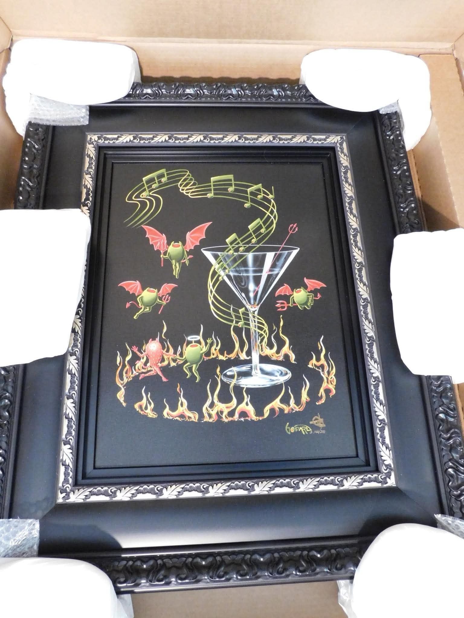 Michael Godard Devilish Angel Dance: Michael Godard "Devilish Angel Dance" 2021 22 1/2" x 16 7/8" image size Giclee in color with hand-embellishment on canvas. Hand-signed in ink lower right by the artist. Gallery framed, COA, appraisal