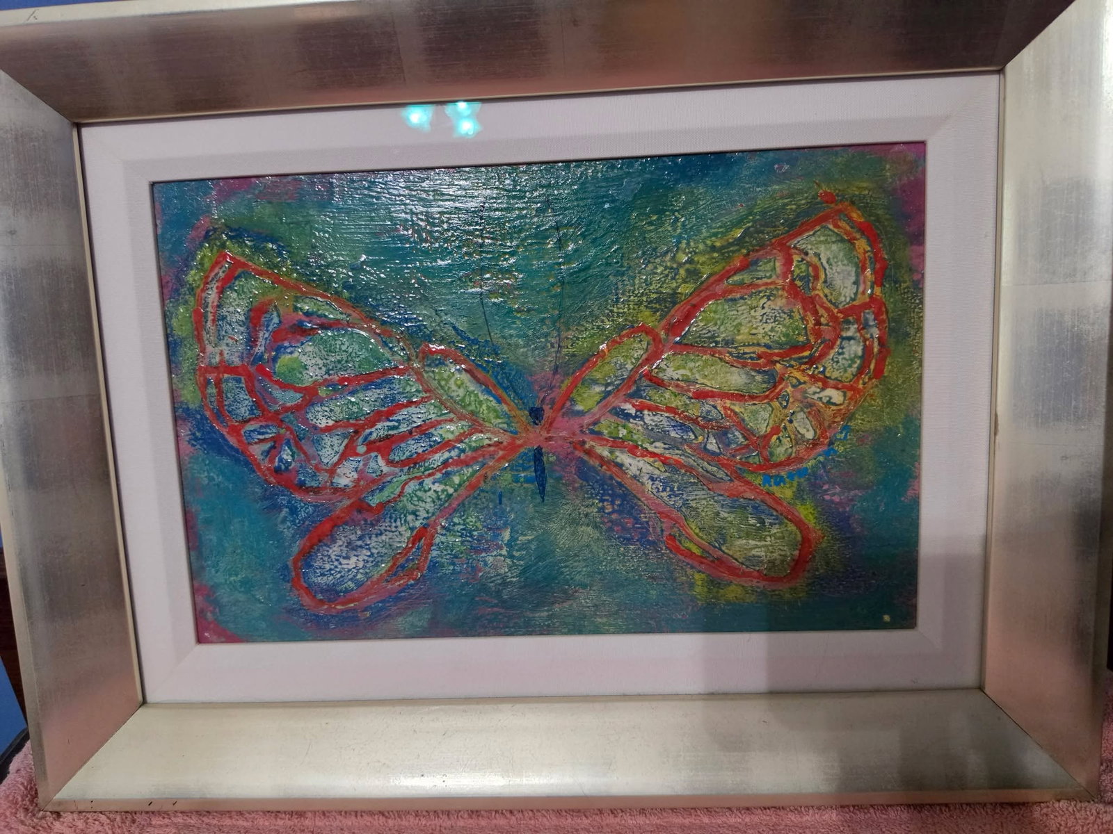 Autumn De Forest Tiny Butterfly Wings (encaustic Dapple): Autumn DeForest "Tiny Butterfly Wings (Encaustic Dapple)" 11 1/8 "x 17 1/8" image size. Eneaustic on board. Hand signed in pigment middle right by artist. The artist placed her handprint in pigment