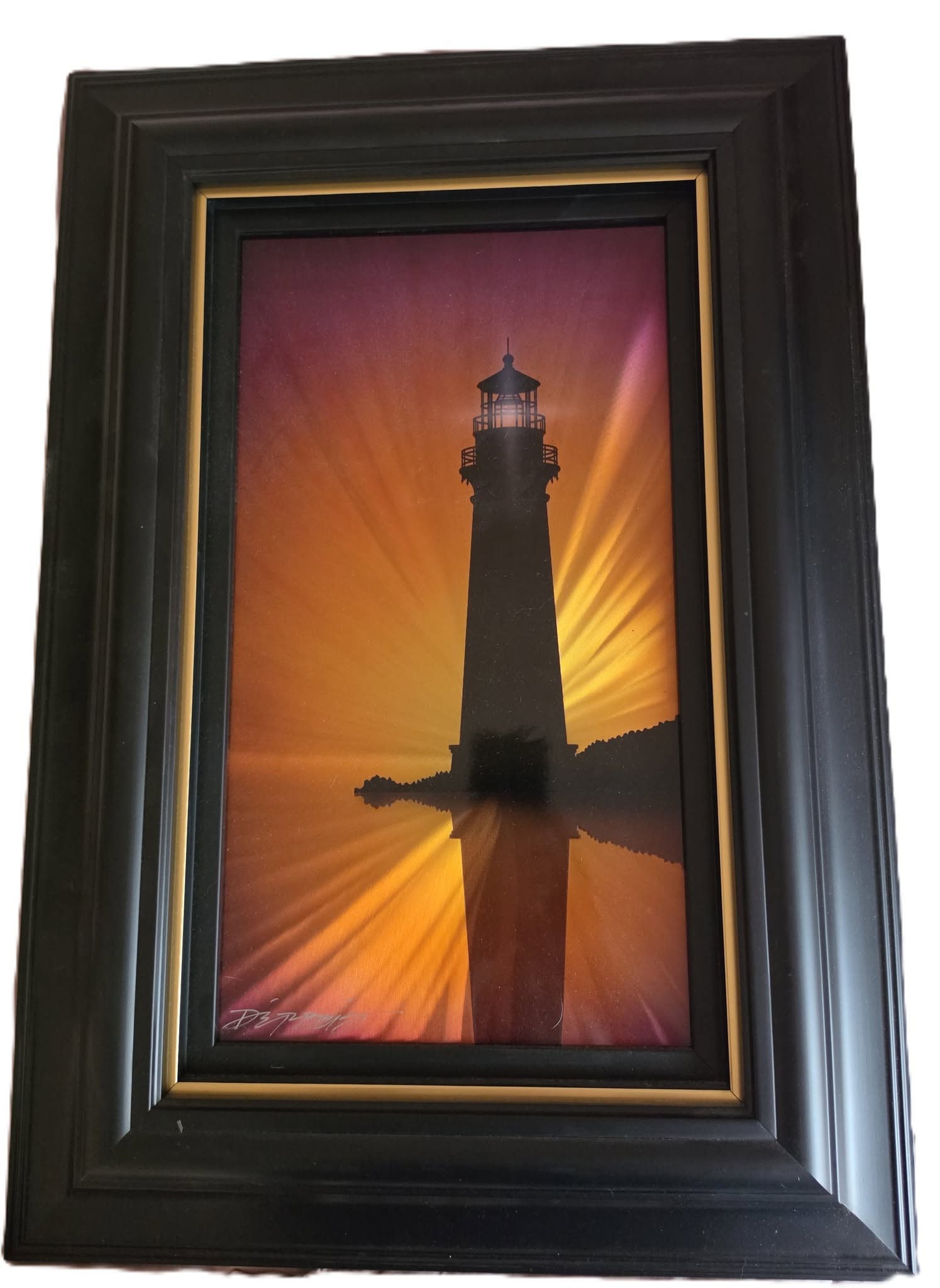 Chris Derubeis "Light at the Sunset": Chris Derubeis "Light at Sunset" 18" x 10" image size. Mixed media on aluminum including air-brush painting and hand ground surfaces. Hand signed in pigment lower left by the artist. A unique work.