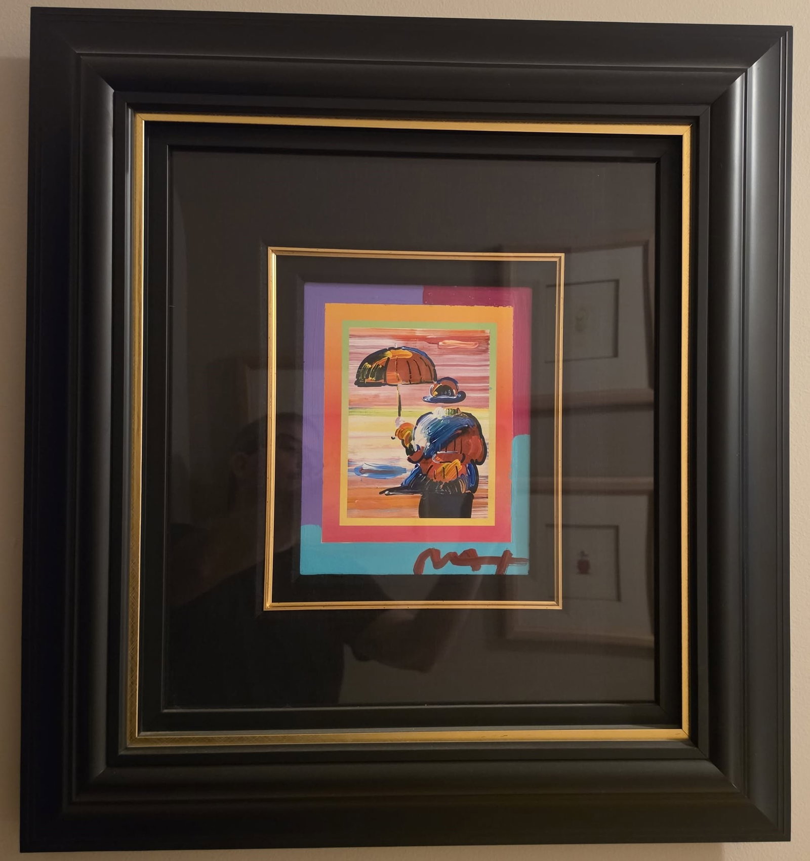 Peter Max Umbrella Man on Blends: Peter Max "Umbrella Man on Bleds" 10" x 8" image size. Mixed media with acrylic painting and color lithography on paper. Signed in acrylic. A unique variation. Gallery framed. COA. Appraisal.