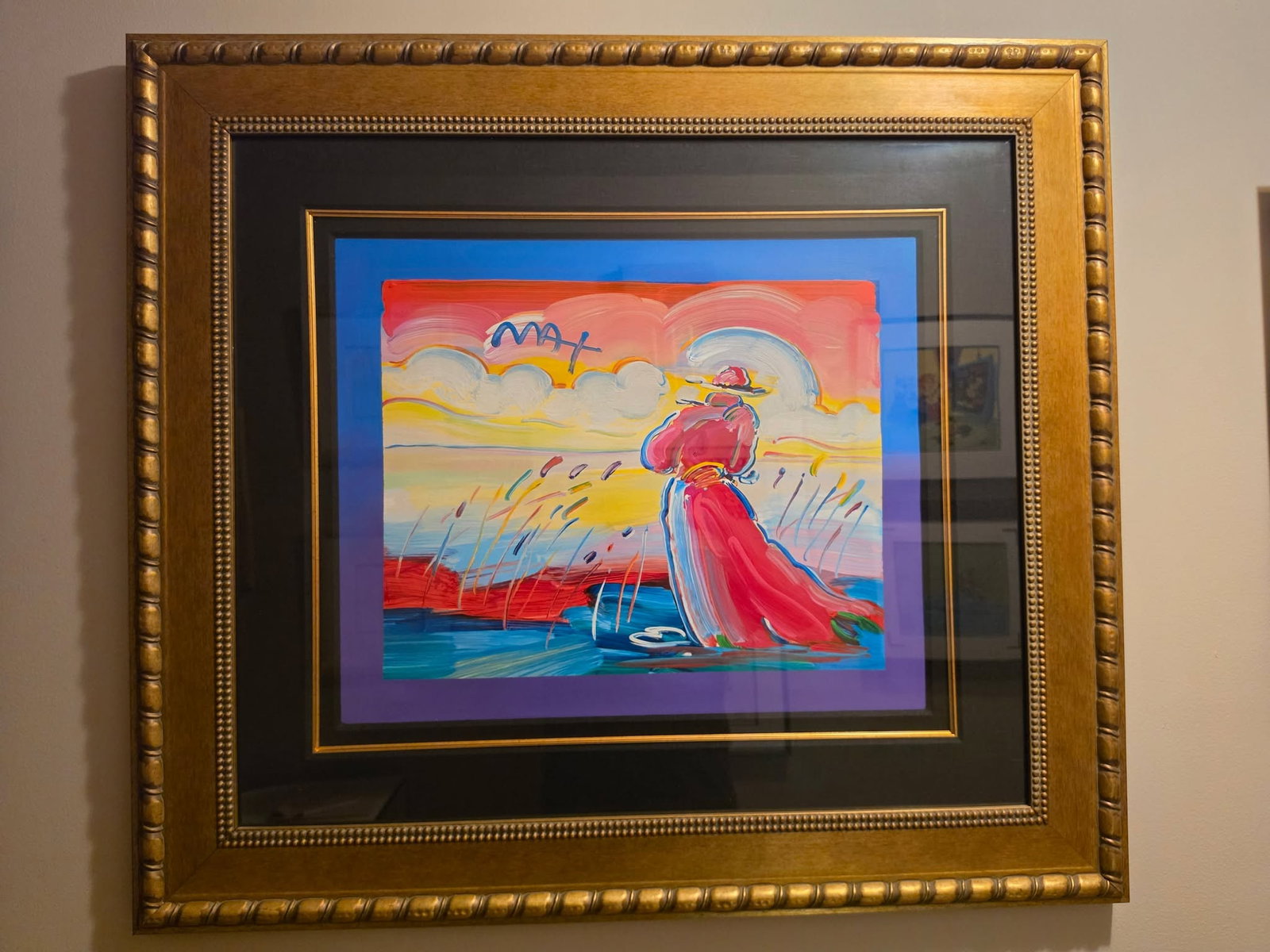 Peter Max Walking in the Reeds: Peter Max "Walking in the Reeds" 20 1/8 x 24 1/2" mixed medial with acrylic painting and olor serigraphy on wove paper. Hand signed in acrylic by Peter Max. A unique variation. Gallery framed. COA. Ap