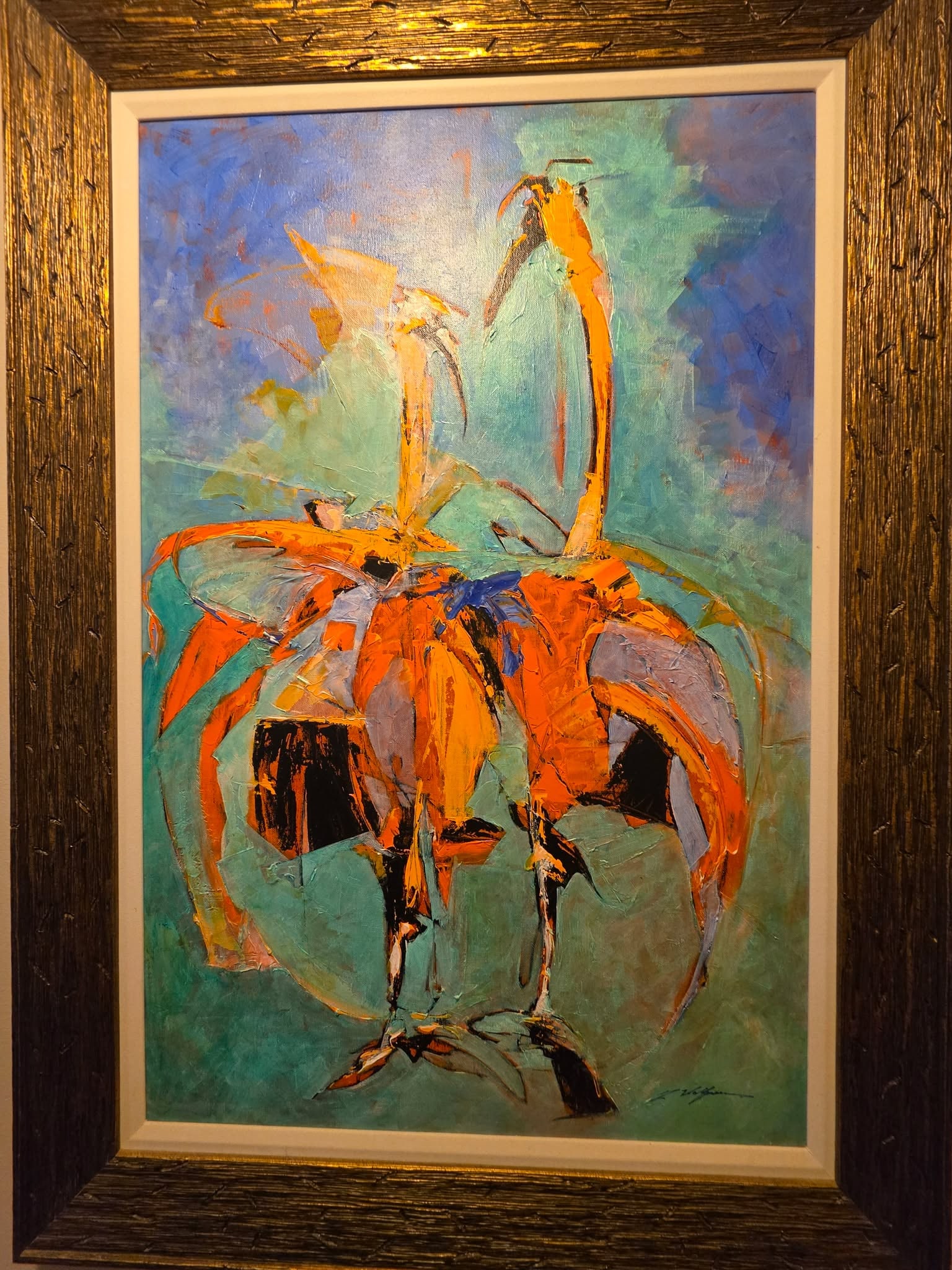 Yuval Wolfson Vibrant Orange: Yuval Wolfson "Vibrant Orange" 39" x 26 1/4" image size. Acrylic painting on canvas. Hand signed in pigment lower right by the artist. A unique work. Gallery framed. COA. Appraisal. LB