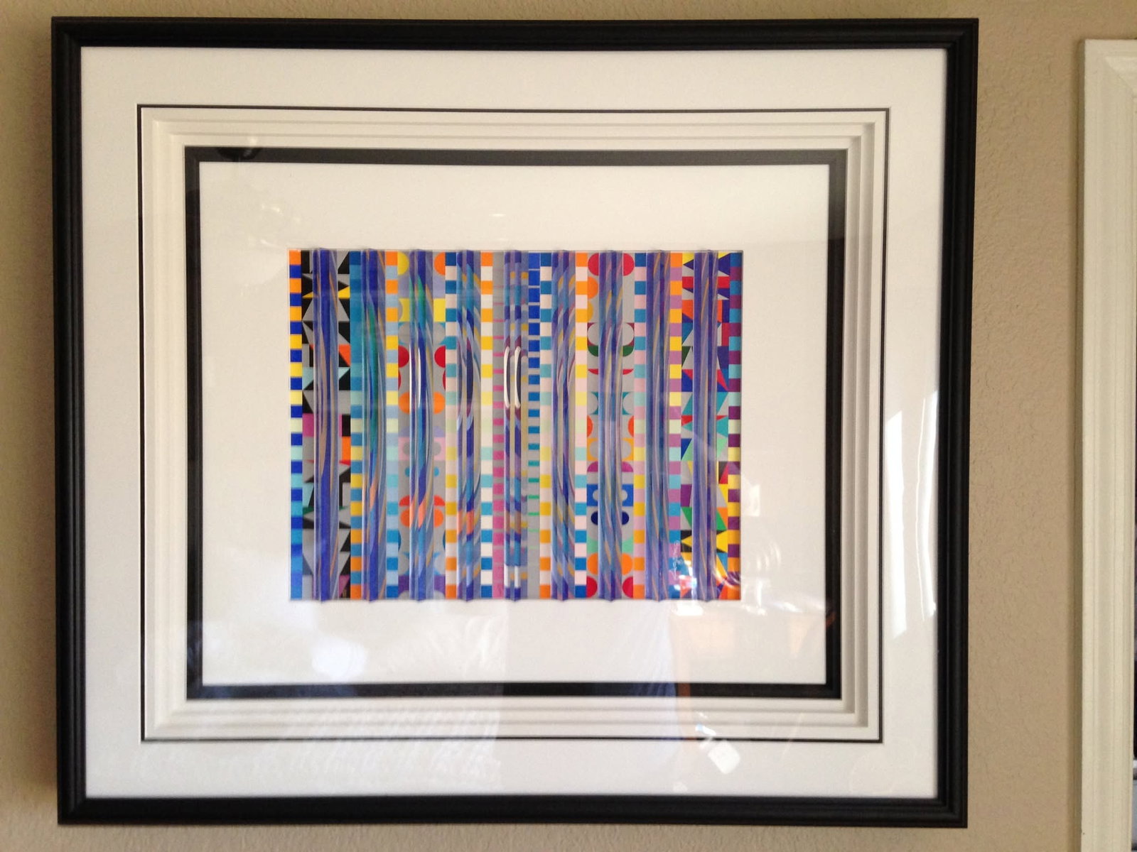 Yaacov Agam Moon - Noon Silver: Yaacov Agam "Moon-Noon (silver)" 25 5/8" x 21 1/4" image size. Colored serigraph on a polymer surface with a hand-cut hand-polished prisms affixed to the surface in relief. Signed in white pigment