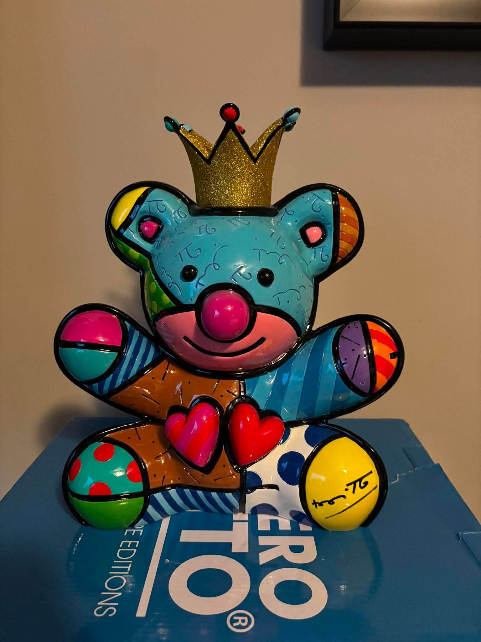 Romero Britto Royal Bear: Romero Britto "Royal Bear" 12 3/8" x 10 1/4" hand painted sclpture hand crafted in resin hand signed in pigment lower right by the artist. COA. Appraisal. TH
