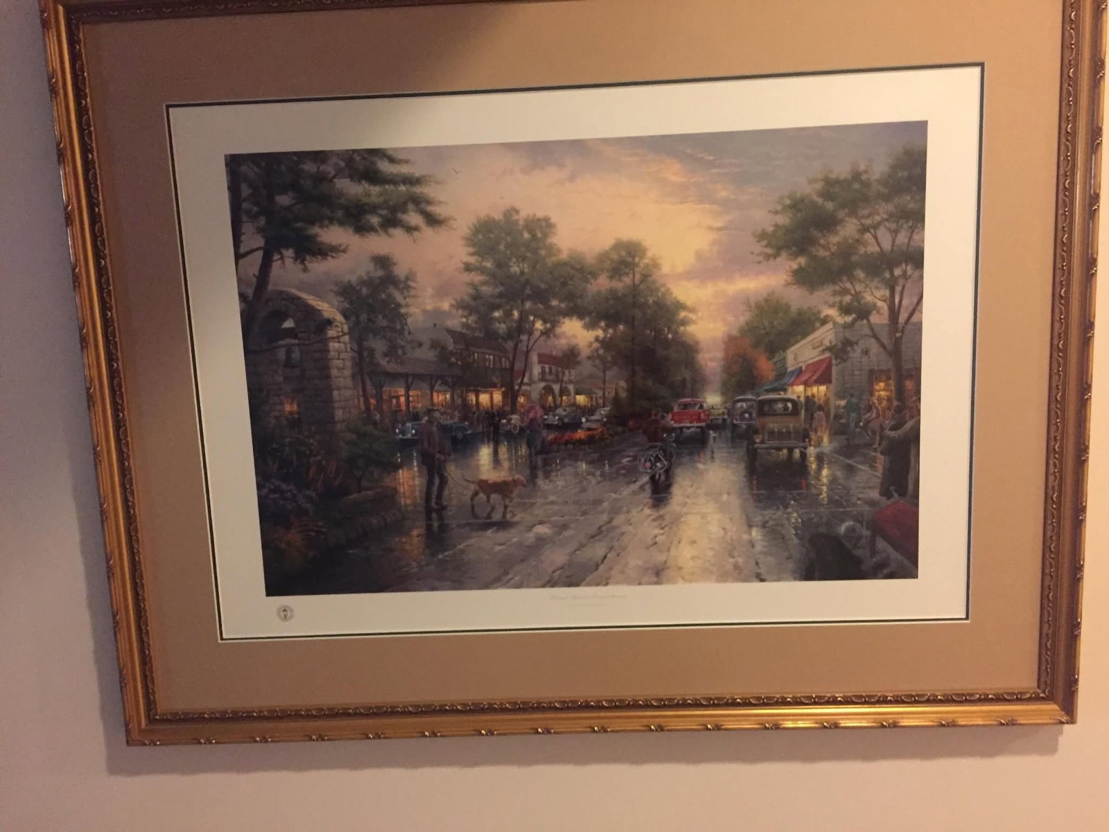 Thomas Kinkade Carmel Sunset on Ocean Avenue: Thomas Kinkade "Carmel, Sunset on Ocean Avenue" 1999 18" x 27" image size Offset lithograph in color on premium paper. Signed with the artist's DNA matrix signature authentication system and