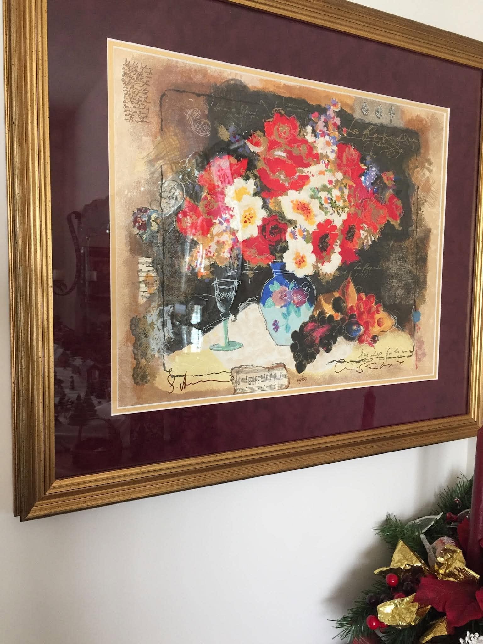 Alexander Wissotzky Red Flowers with a Glass of Wine: Alex Wissotzky "Red Flowers with a Glass of Wine" 2003 15 1/2" x 19 1/2" image size Serigraph in color on wove paper. Signed in ink and numbered. Gallery framed, COA, BG