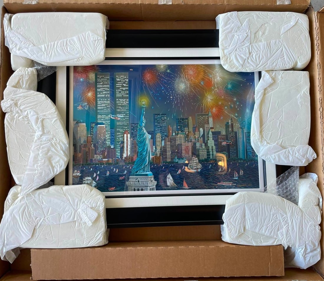 Alexander Chen Manhattan Celebration: Alexander Chen "Manhattan Celebration" 2001 14" x 20" image size Foil etching in color. Signed lower right and numbered on the verso in pencil. Gallery framed, COA, Appraisal. AMS