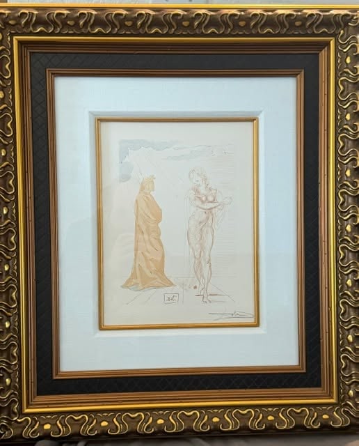 Salvador Dali Divine Comedy Inferno 2: Salvador Dali "Divine Comedy - Inferno 2" 1959-1063 12" x 10 3/8" image size (Virgil Comforts Dante) Wood Engraving in color on Rives paper after a watercolor. One of 100 images from "Divine Comedy" H