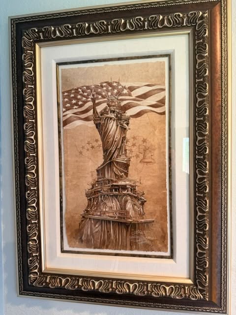 Michael Godard liberty: Michael Godard "Liberty" 2023 21" x 11 3/4" image size Mixed media on paper. Hand-signed in pigment lower right by the artist A unique work. Gallery framed, COA, Appraisal. WB