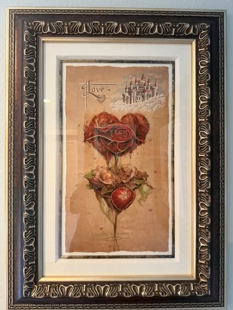 Michael Godard Love: Michael Godard "Love" 2024 21" x 11 3/4" image size Mixed media on paper. Hand-sigend in pigment by the artist lower center. A Unique work gallery framed, COA, Appraisal. WB