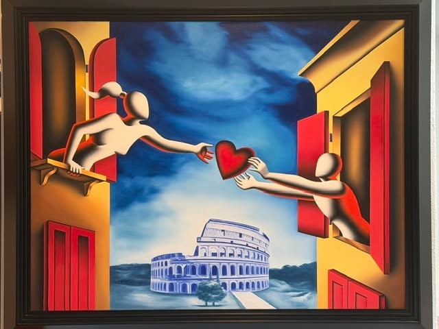 Mark Kostabi Eternal Love: Mark Kostabi "Eternal Love" 2022 39 1/2" x 51" image size Oil painting on canvas. Hand-signed in pigment lower left by the artist. Signed, titled, and dated on the verso. A unique work. Gallery framed