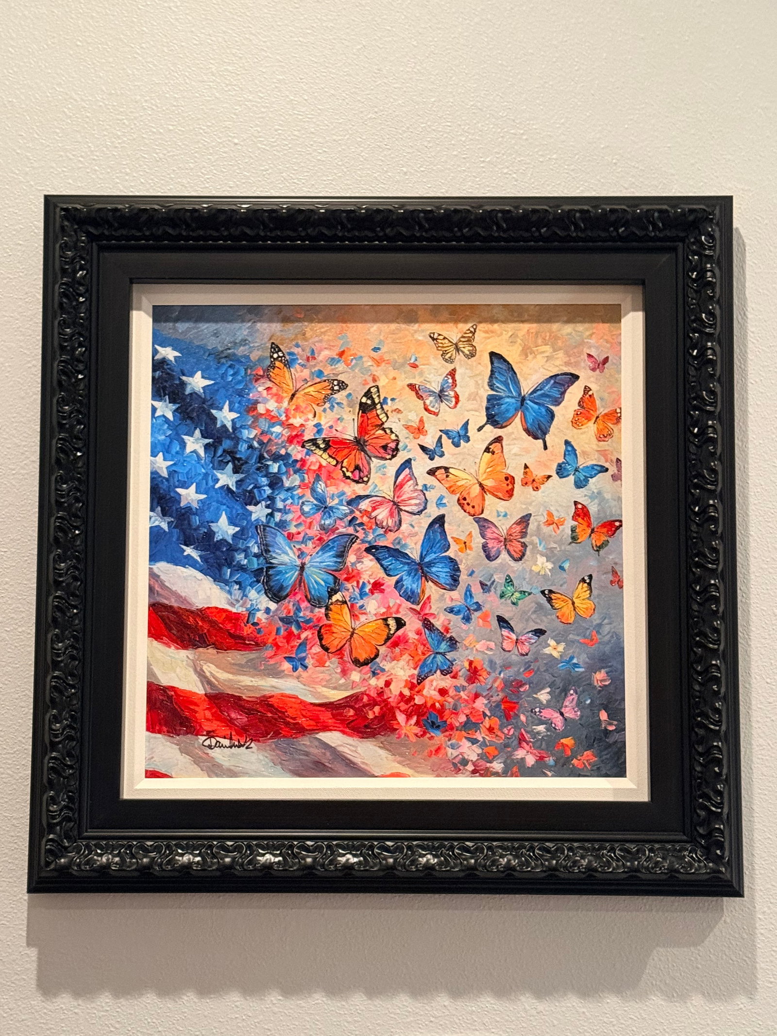 Daniel Wall Happiness: Daniel Wall "Happiness" 2025 20" x 20" image size Giclee in color with hand-embellishment on canvas. Hand-signed by the artist. Gallery framed, COA, JK