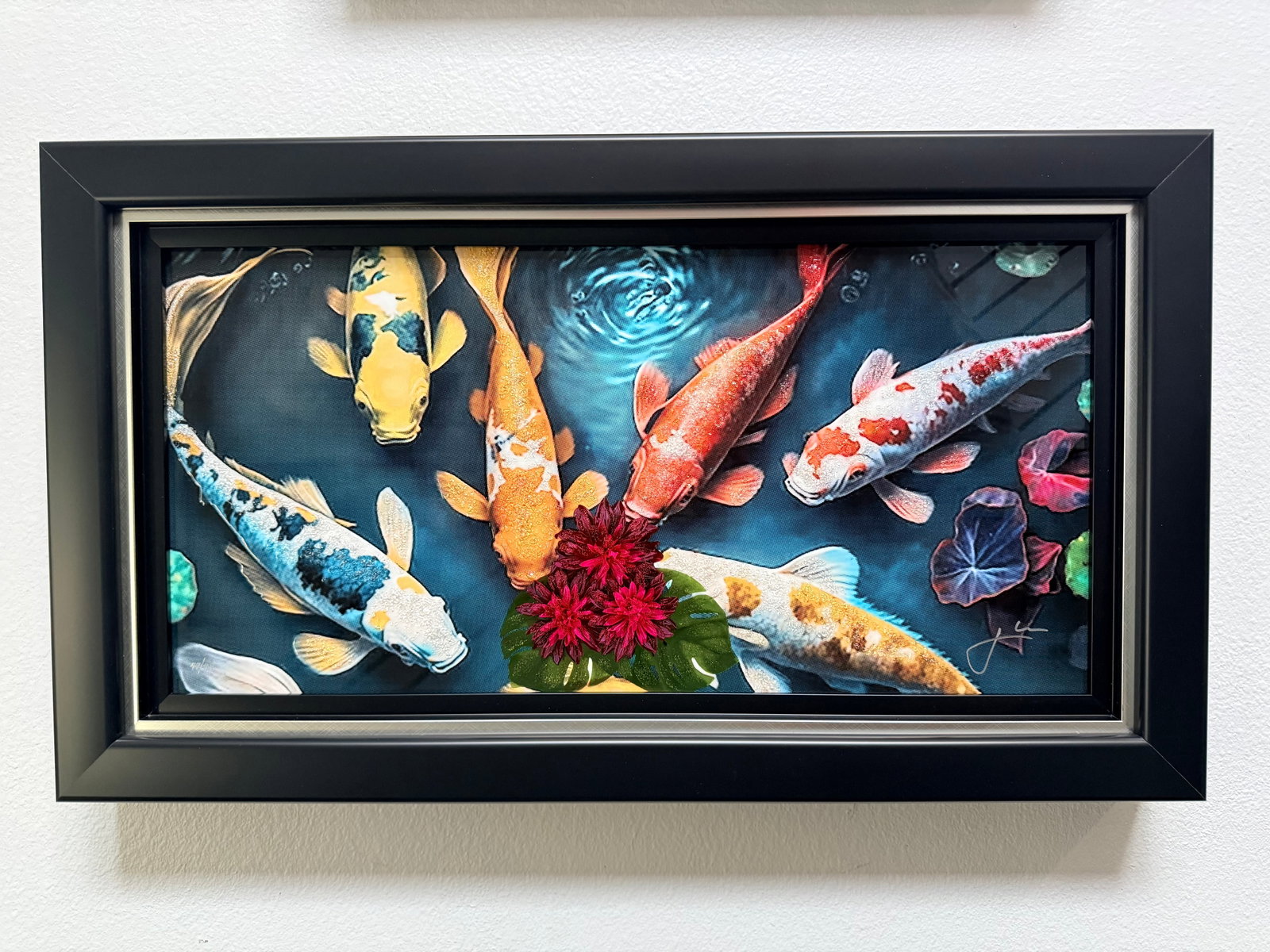 Jay Bonadio Prosperity Pond: Jay Bonadio "Prosperity Pond" 2025 12" x 24 1/2" image size Dye sublimation on aluminum with embellishment. Hand-signed by the artist. Gallery framed, COA, Appraisal. JK