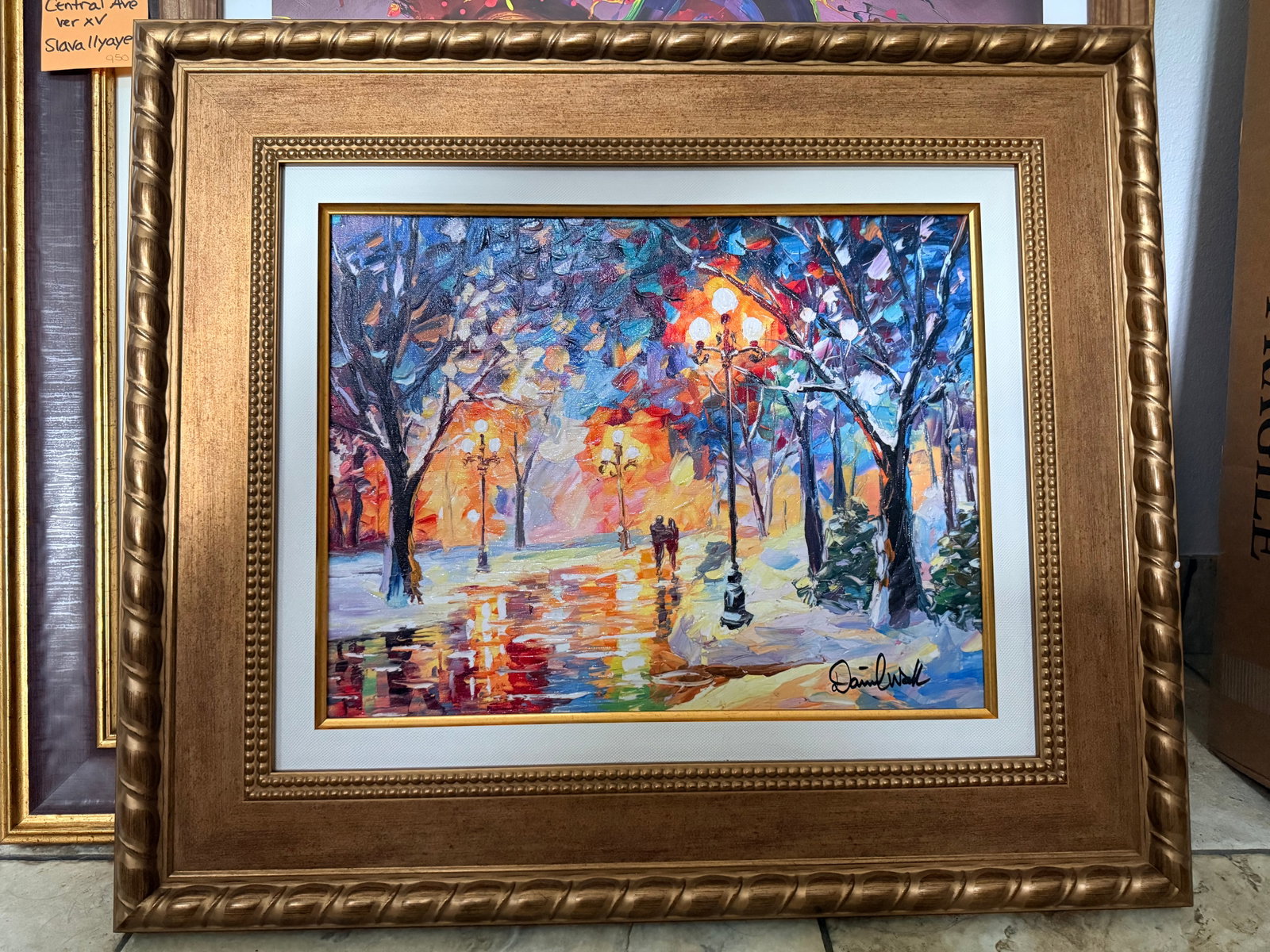 Daniel Wall Snowing Evening: Daniel Wall "Snowing Evening" 2021 14" x 18" image size Giclee in color with hand-embellishment on canvas. Hand-signed in pigment by the artist. Gallery framed, COA, Appraisal. JK