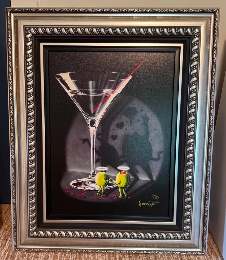 Michael Godard She Devil Martini: Michael Godard "She Devil Martini" 2929 23 1/2" x 17 1/2" image size Giclee in color with hand-embellishment on canvas. Hand-signed in ink lower right by the artist. Gallery framed, COA, Appraisal.