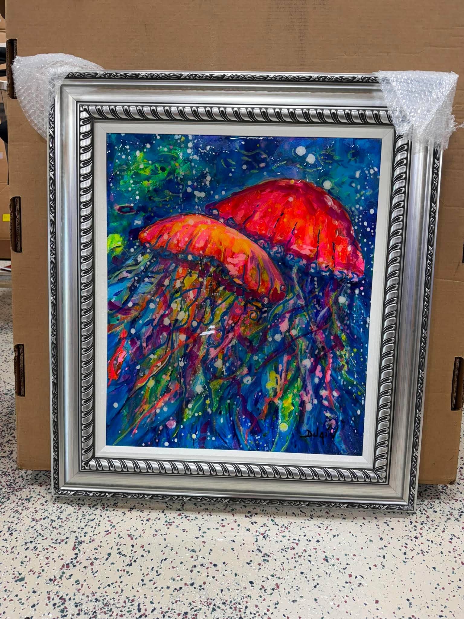Duaiv Jelly Fish: Duaiv "Jelly Fish" 2019 25" x 21" image size mived media painting on canvas hand-signed in pigment lower right by the artist. Signed and titled on the verso. A unique work. Gallery framed, COA,