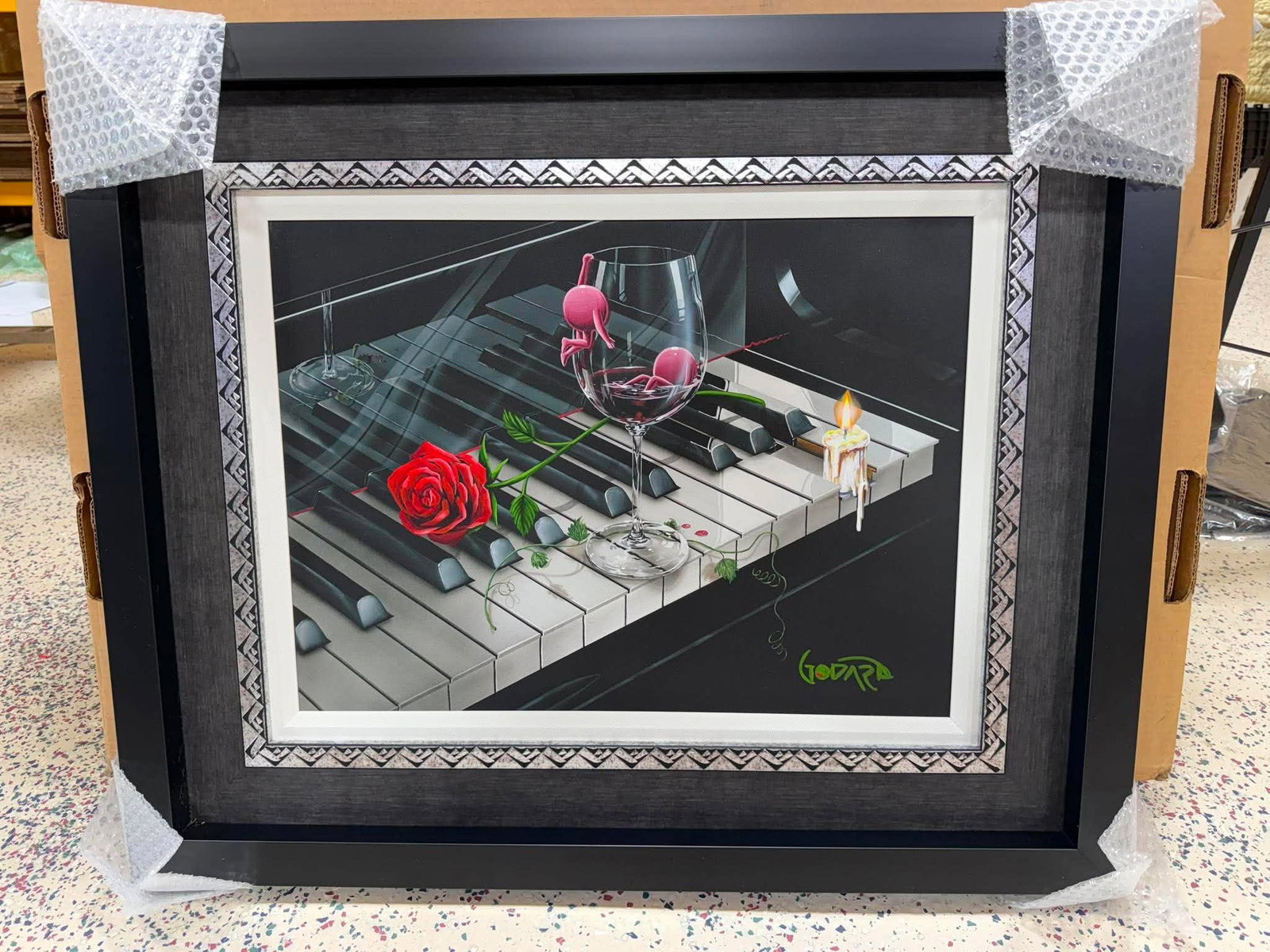 Michael Godard Piano Keys: Michael Godard "Piano Keys" 2020 16" x 21 1/2" image size mixed media painting with acrylic on canvas. Hand-signed in pigment lower right by the artist. A unique work. Gallery framed, COA, Appraisal. 