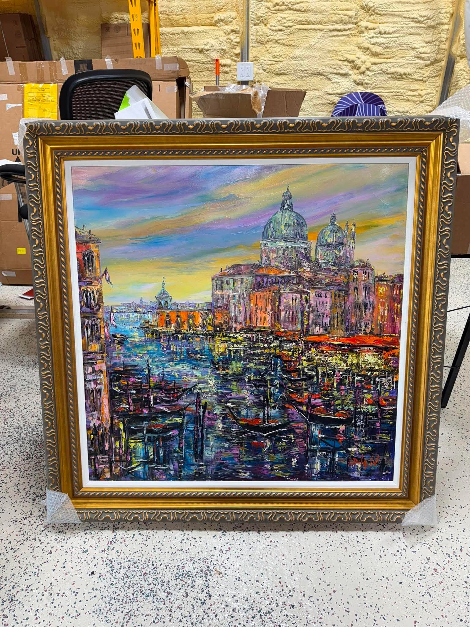 Duaiv Evening in Venica: Duaiv "Evening in Venice" 2021 39" x 39" image size Oil painging on canvas. Hand-signed in pigment lower right by the artist. A unique work. Gallery framed, COA, Appraisal. DRD