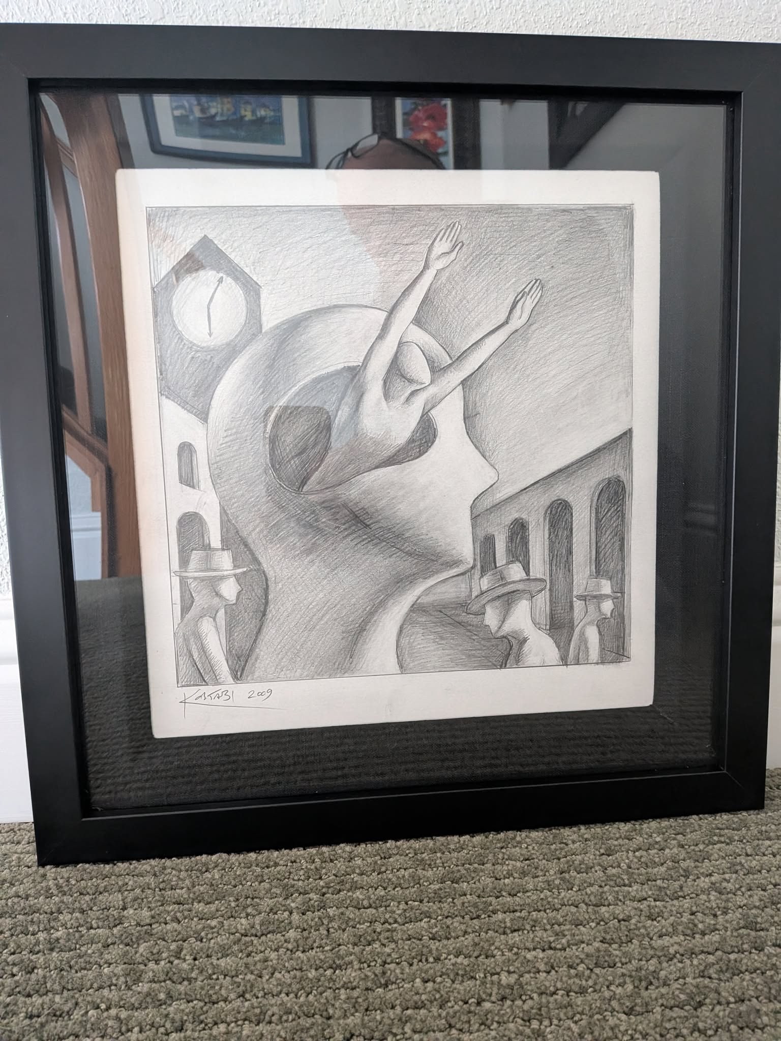 Mark Kostabi Forward Thinking: Mark Kostabi "Forward Thinking" 2009 12 7/8" x 11 3/4" image size Pencil drawing on paper. Hand-signed in pigment lower left by the artist. Signed , dated on the verso. A unique work. Gallery framed,