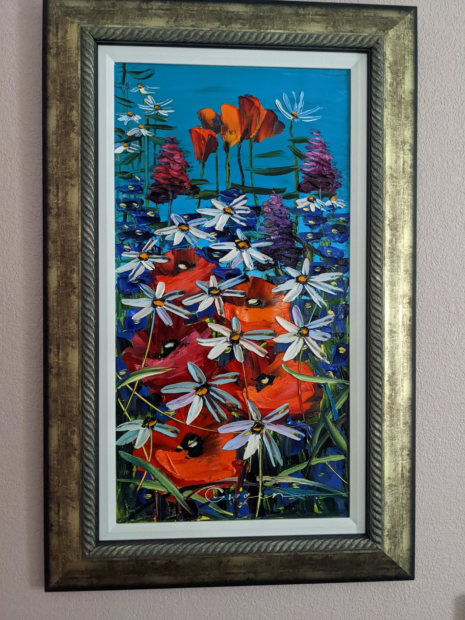 Maya Green Embracing Life: Maya Green "Embracing Life" 2018 30" x 15 3/4" image size oil painting on canvas. Hand-signed in pigment lower center by the artist. A unique work. Gallery framed, COA, Appraisal. RS