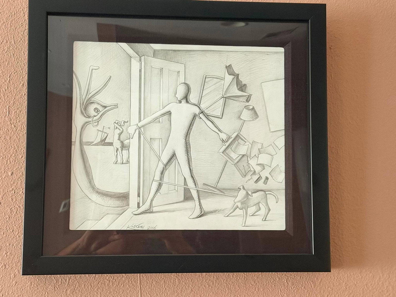 Mark Kostabi Climate Change: Mark Kostabi "Climate Change" 2006 11" x 12 3/4" image size Pencil drawing on paper. Hand-signed in pigment lower left by the artist. Signed, dated, and titled on the verso. A unique work. From the