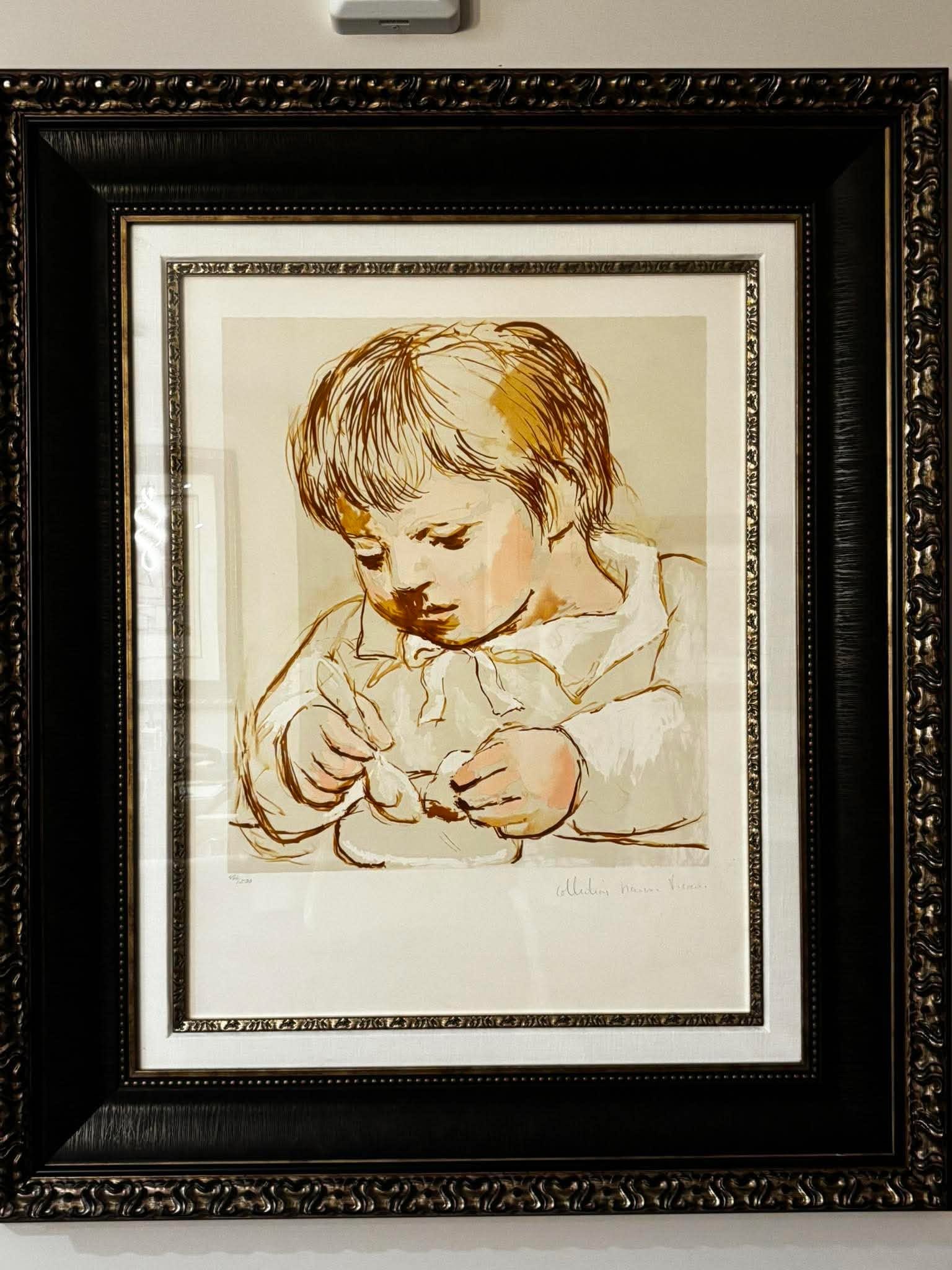 Marina Picasso Enfant Dejeunant (Child at Breakfast): Marina Picasso "Enfant Dejeunant (Child at Breakfast)" 1982 20 3/4" x 21 3/4" image size Lithograph in color on Arches Paper. Signed in pencil by Marina Picasso and numbered in Arabic. Gallery