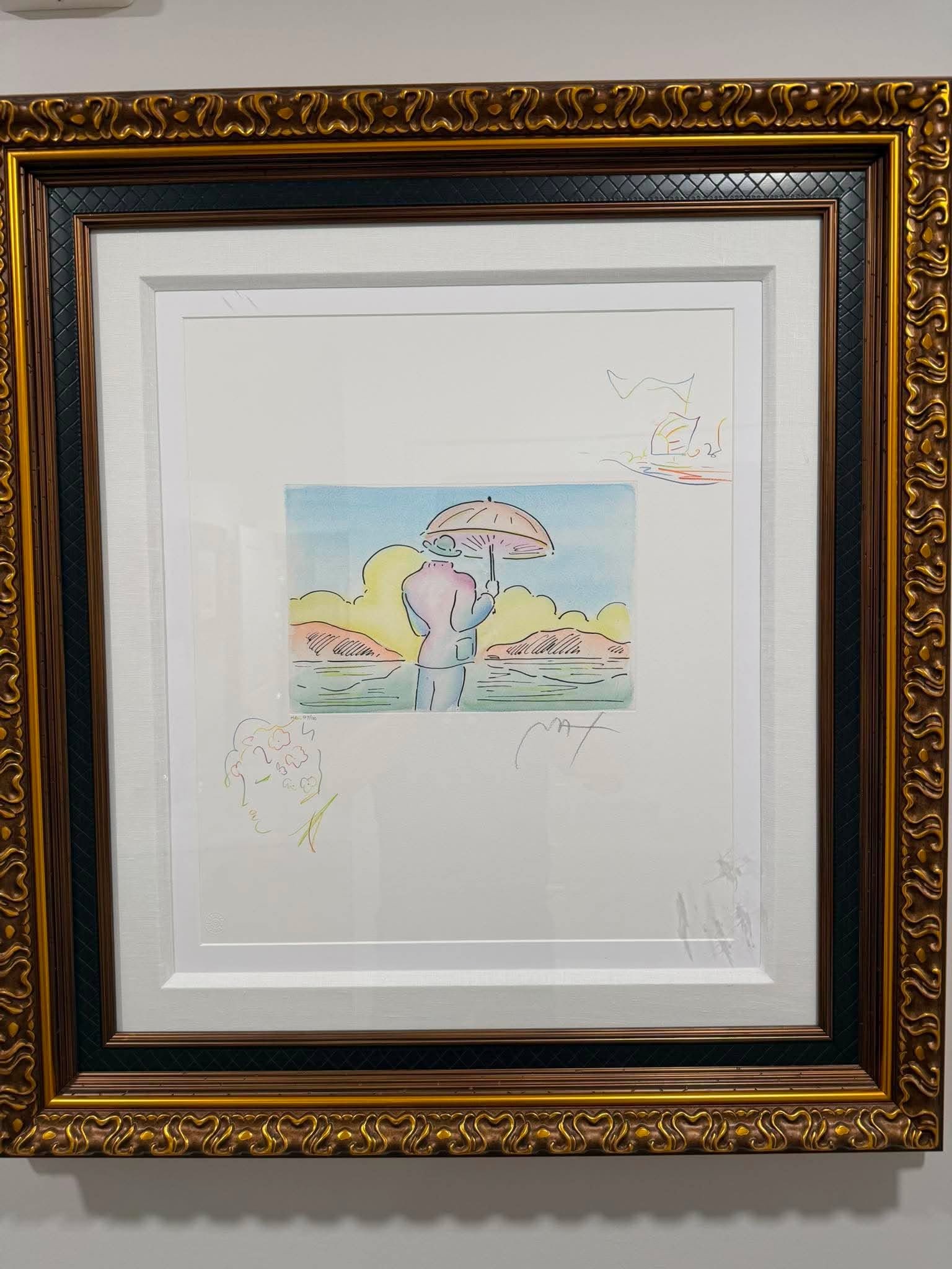 Peter Max Umbrella Man V (Profile/Sailboat): Peter Max "Umbrella Man V (Profile/Sailboat)" 2018 7 7/8" x 12" image size Etching with hand-coloring and unique, hand-drawn colored pencil remarques of a Profile in the lower left corner and